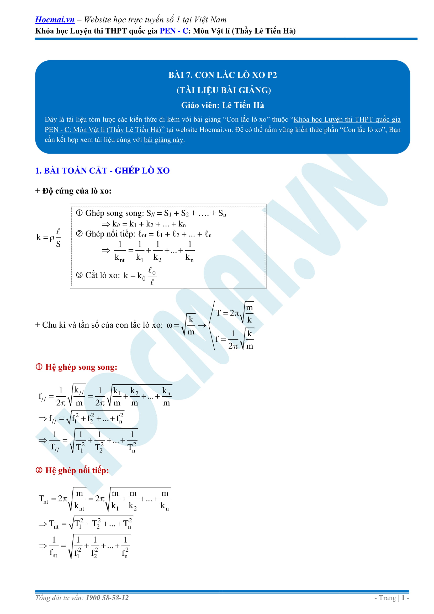 CON LẮC LÒ XO PHẦN 2 - BÀI TẬP TỰ LUYỆN