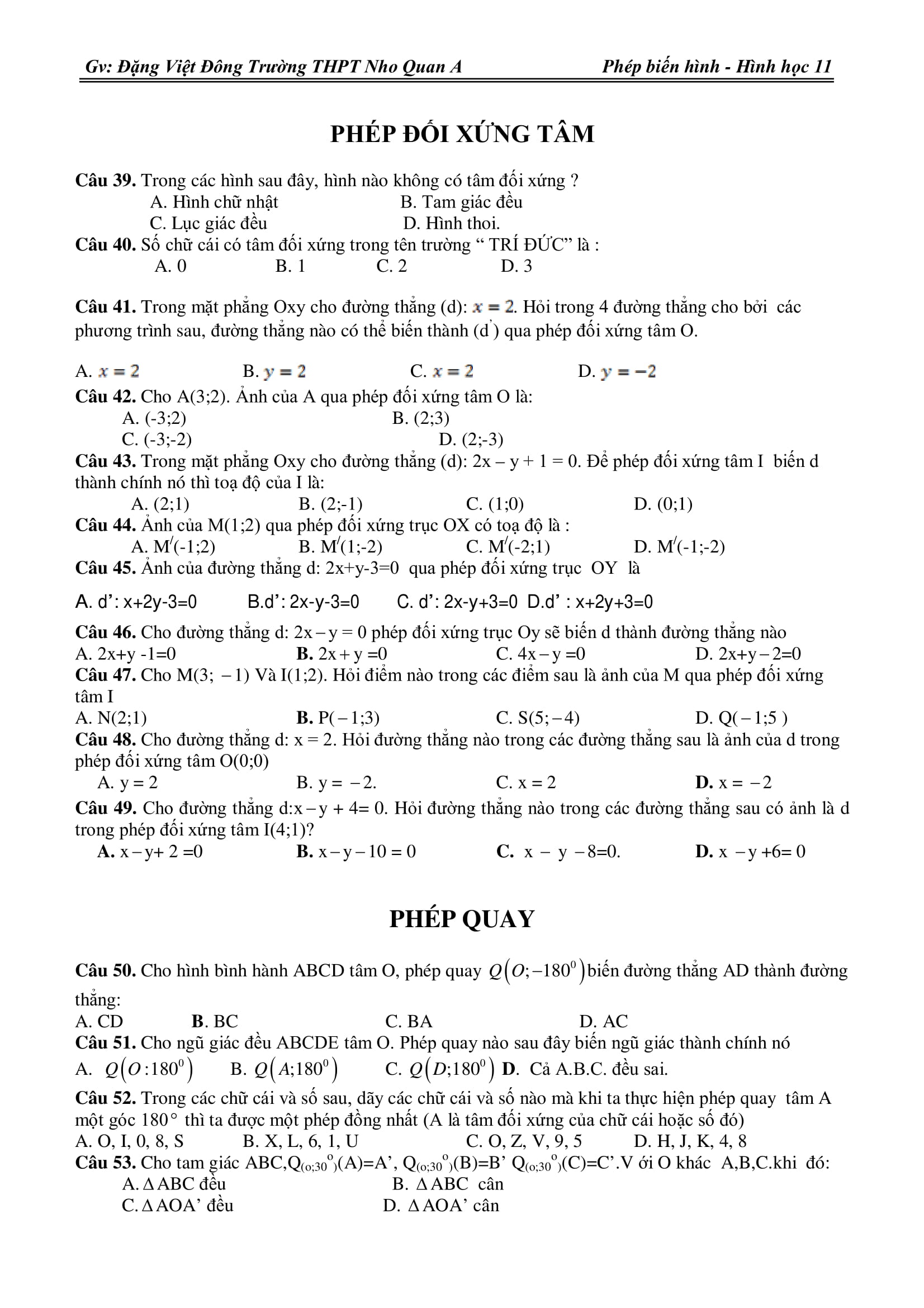 125 câu trắc nghiệm phép biến hình trong mặt phẳng – Đặng Việt Đông