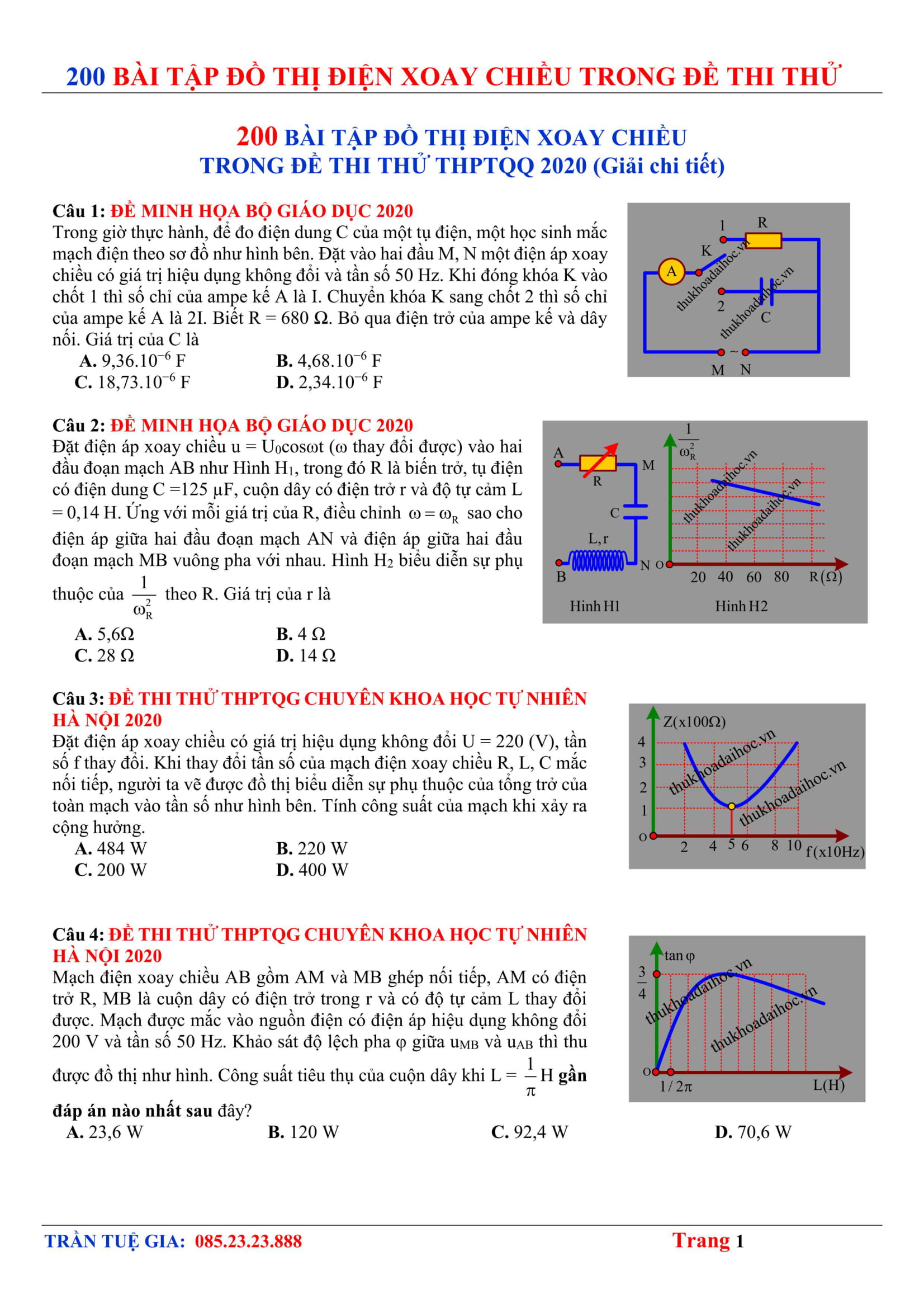 200 Bài tập Đồ thị Điện xoay chiều Trong Đề thi thử THPTQG 2020 Có lời giải