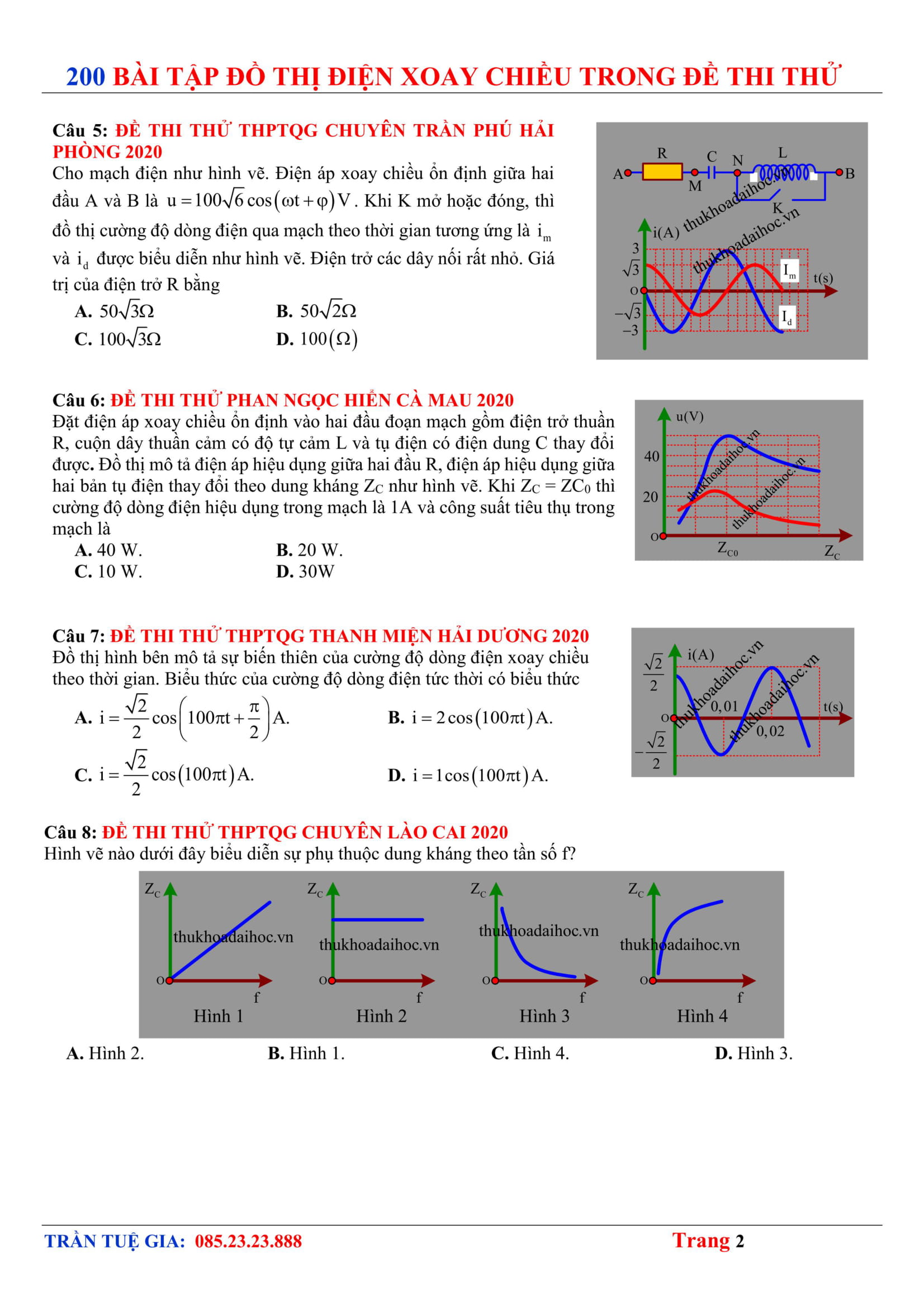 200 Bài tập Đồ thị Điện xoay chiều Trong Đề thi thử THPTQG 2020 Có lời giải