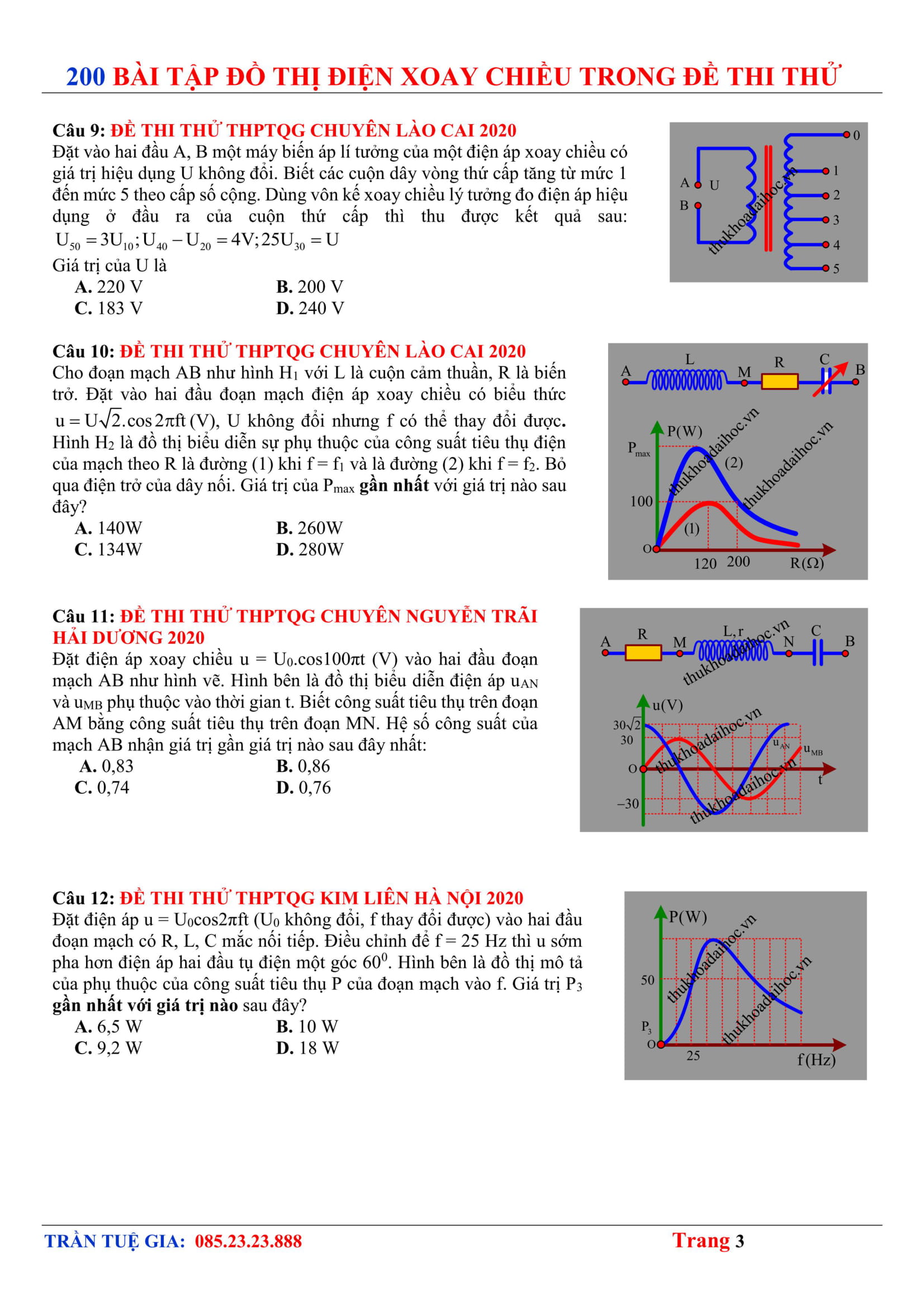 200 Bài tập Đồ thị Điện xoay chiều Trong Đề thi thử THPTQG 2020 Có lời giải