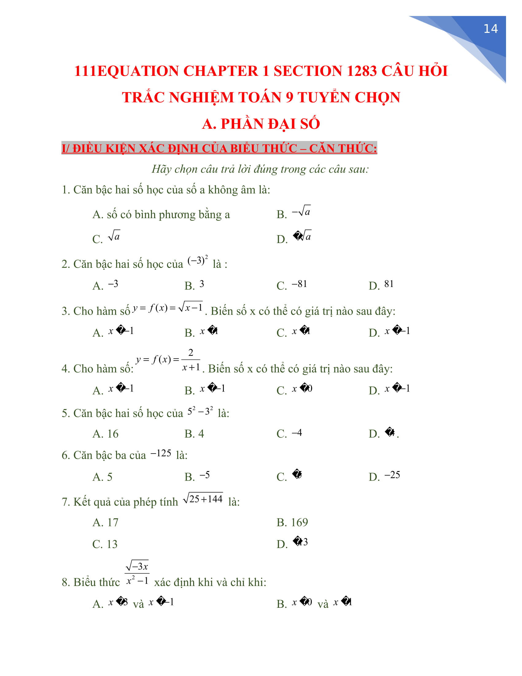 283 CÂU HỎI TRẮC NGHIỆM TOÁN 9 TUYỂN CHỌN