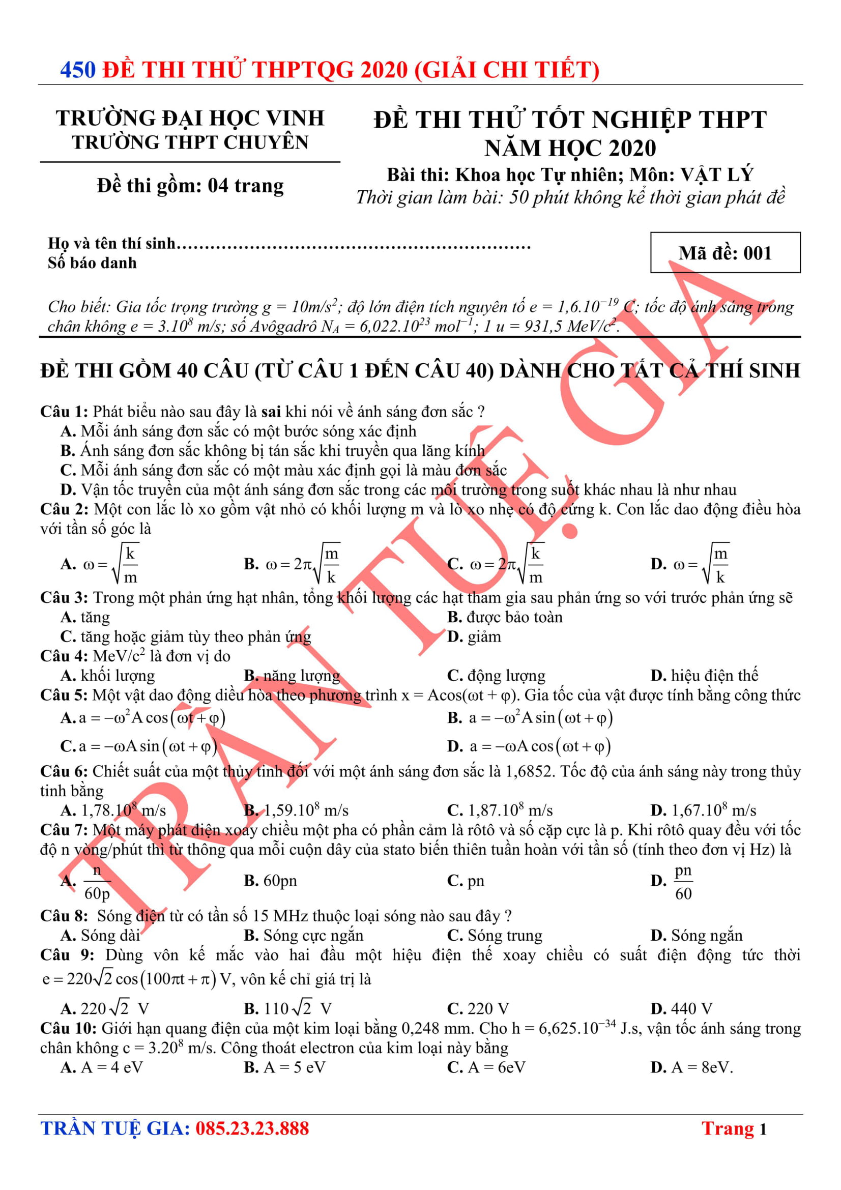 Đề thi thử THPTQG Chuyên Đại học Vinh 2020 lần 2