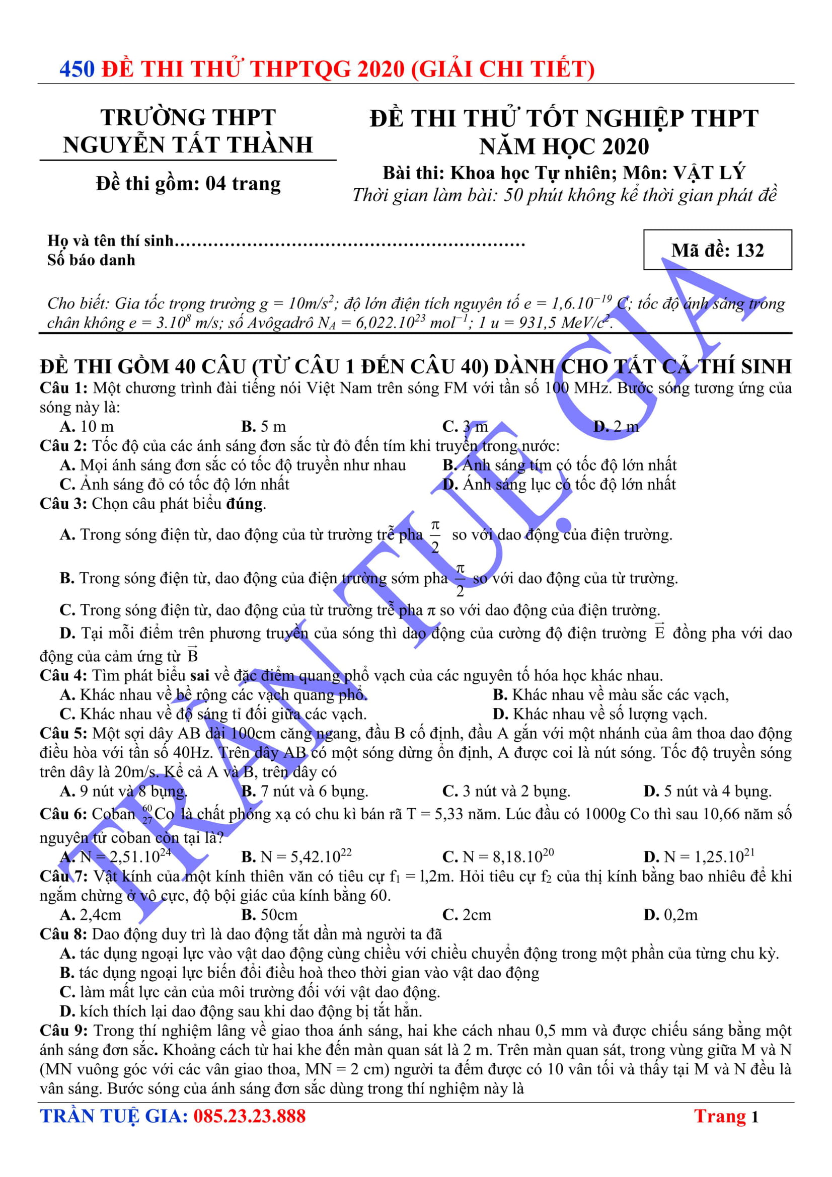 Đề thi thử THPTQG Lý Thường Kiệt Bắc Ninh 2020