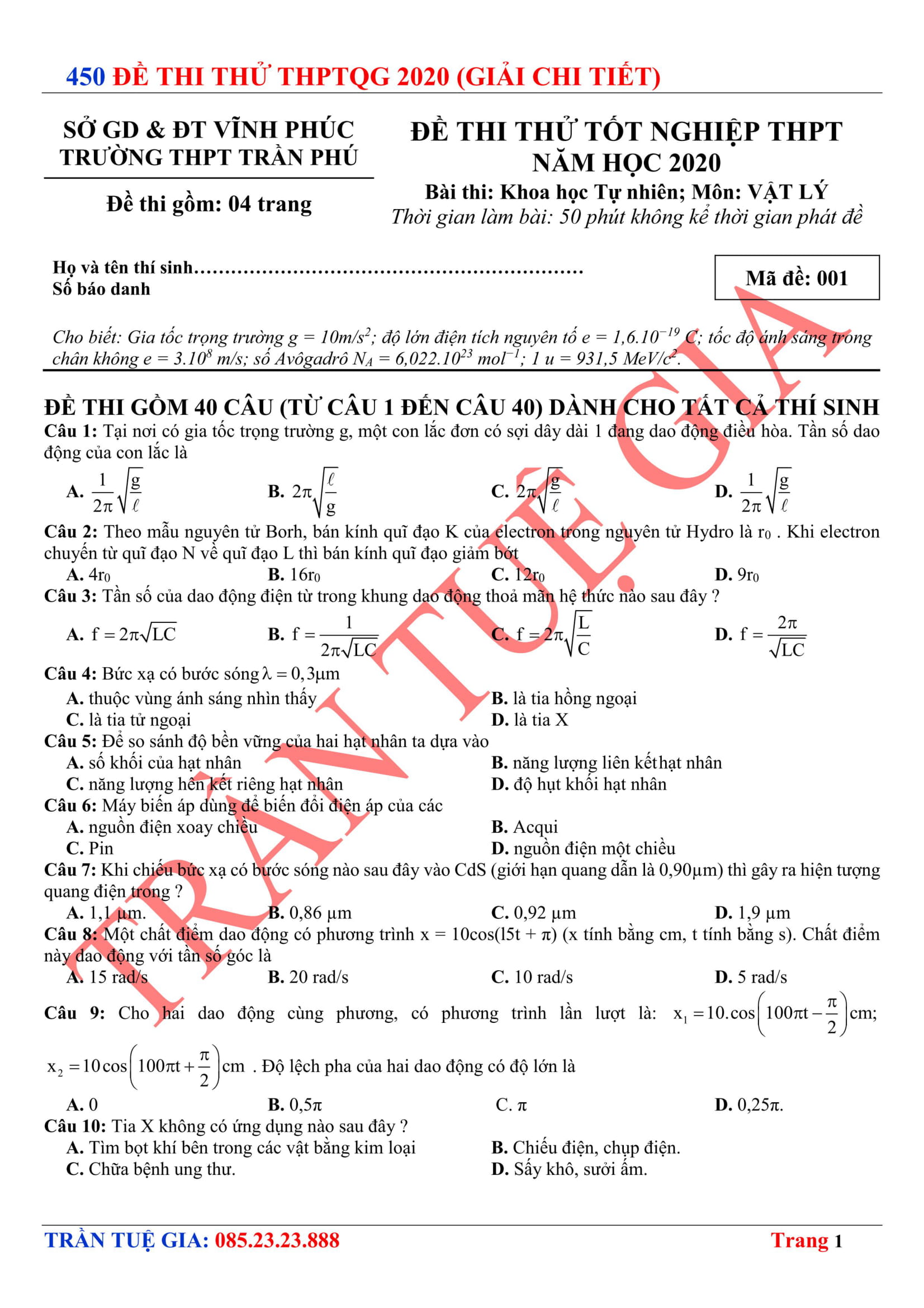 Đề thi thử THPTQG Trần Phú Vĩnh Phúc 2020