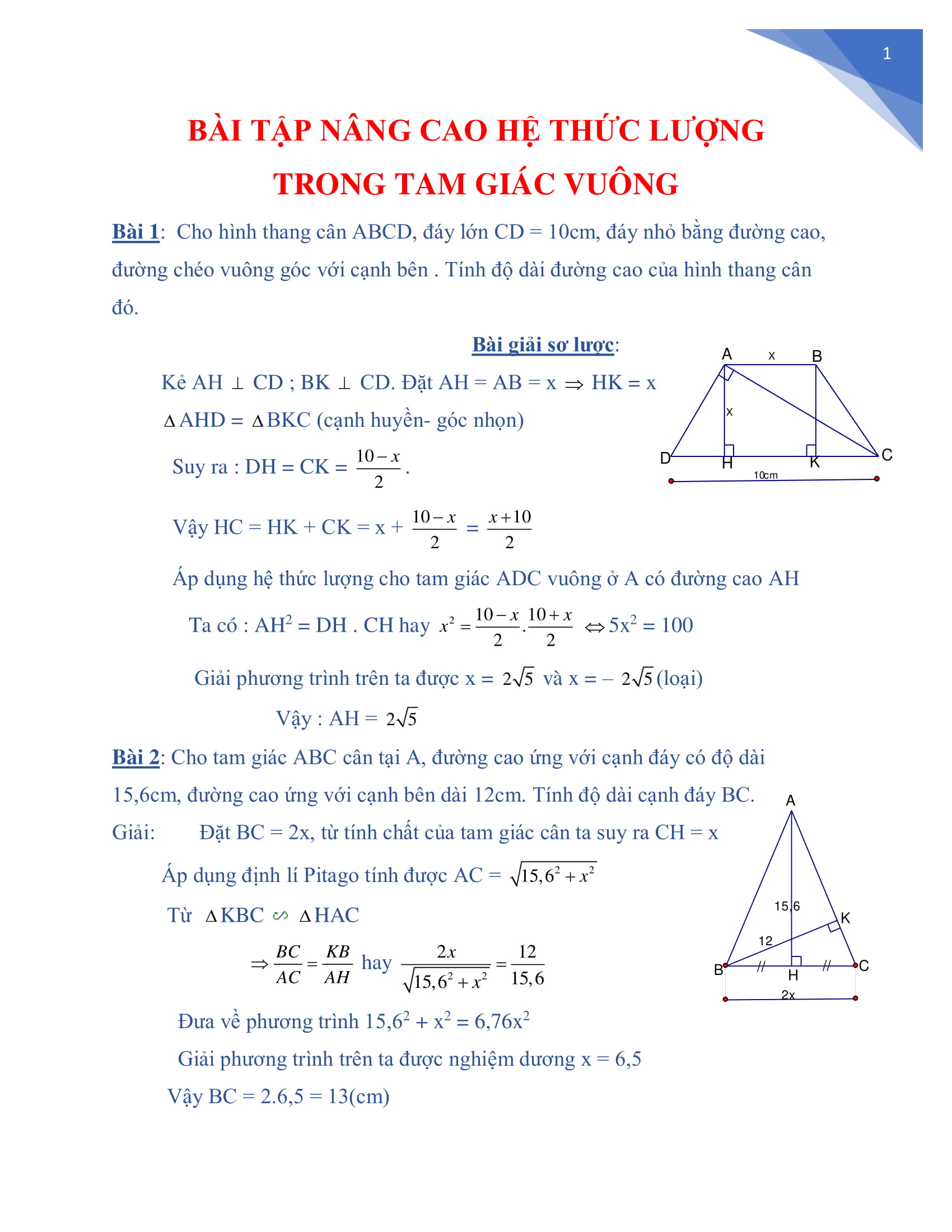 BÀI TẬP NÂNG CAO VỀ HỆ THỨC LƯỢNG TRONG TAM GIÁC VUÔNG