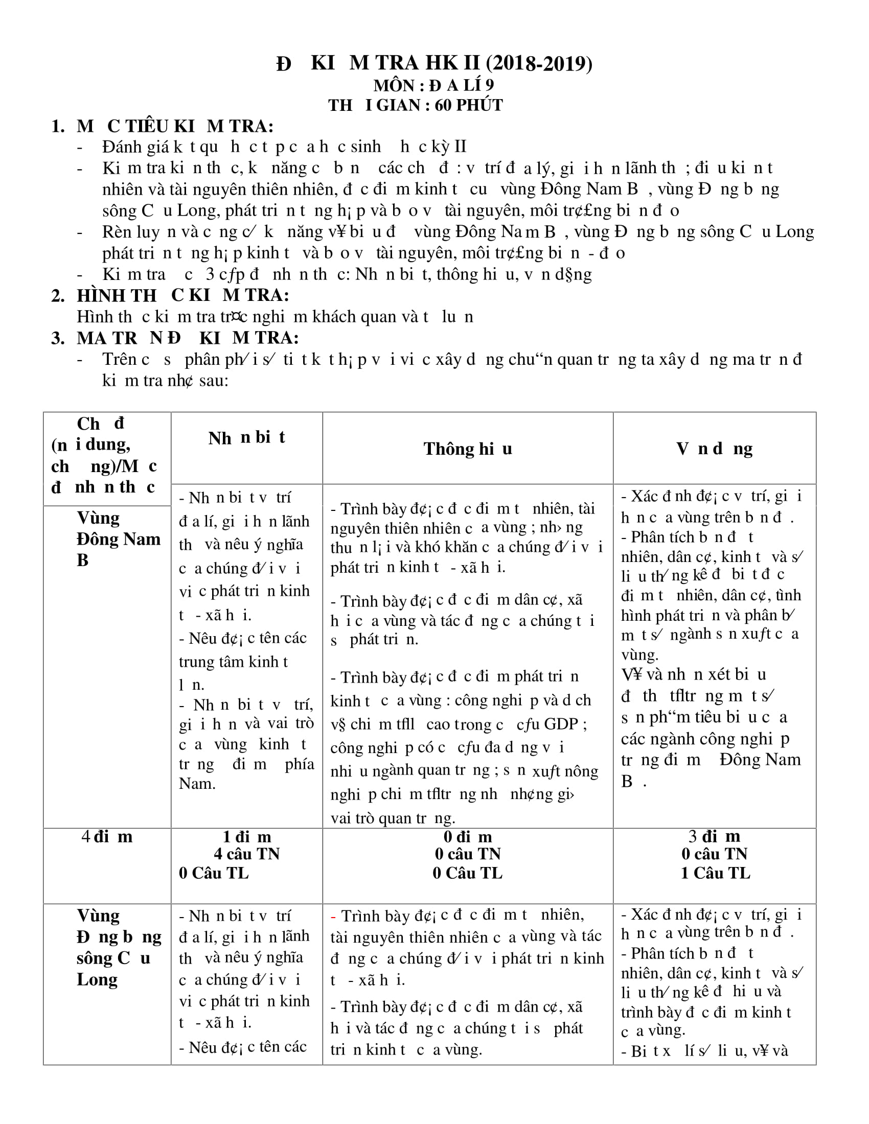 ĐỀ KIỂM TRA HKII CÓ MA TRẬN - NĂM HỌC 2018 - 2019 - ĐỊA LÍ - LỚP 9