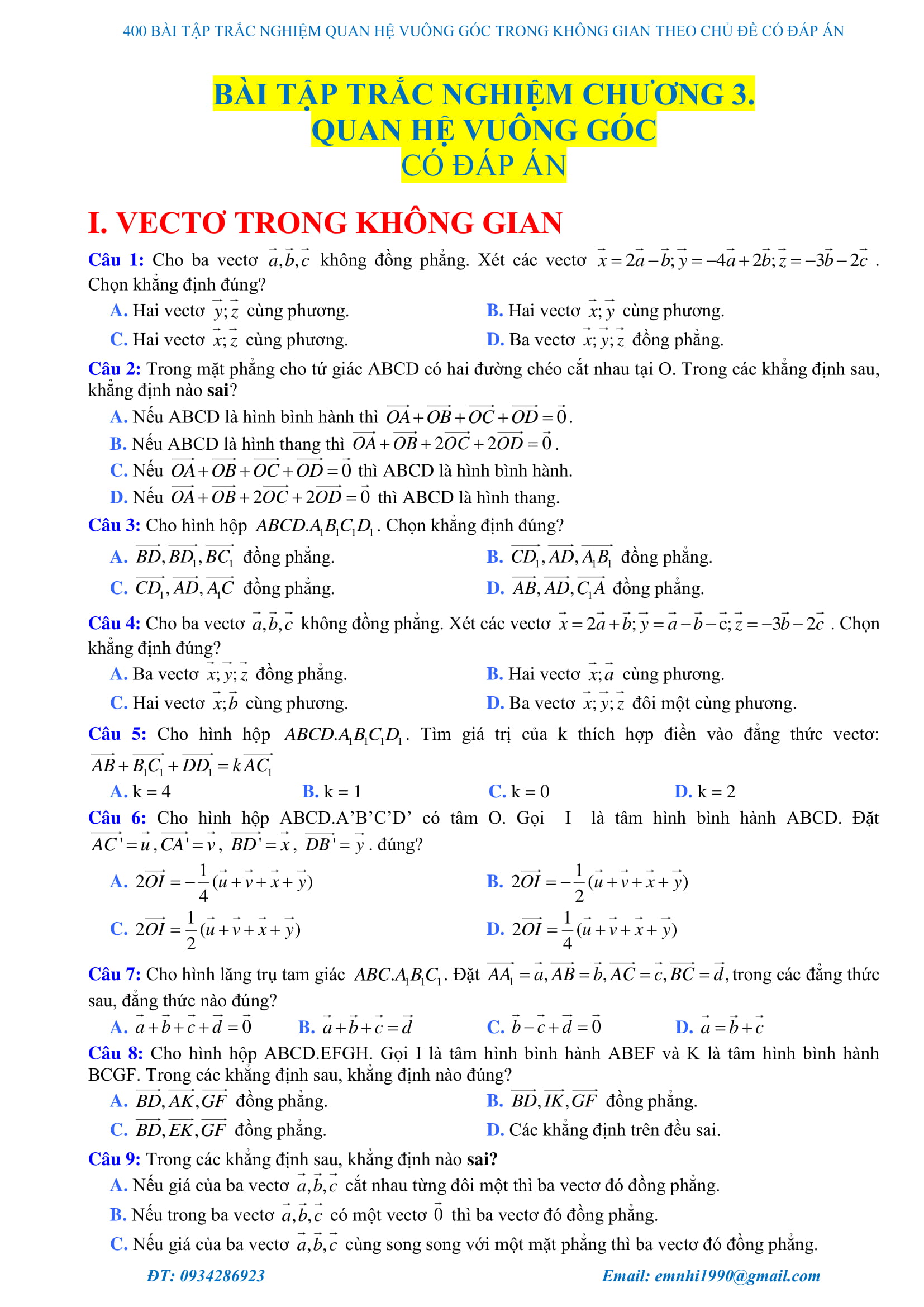 429 câu trắc nghiệm chuyên đề quan hệ vuông góc trong không gian – Phạm Văn Huy