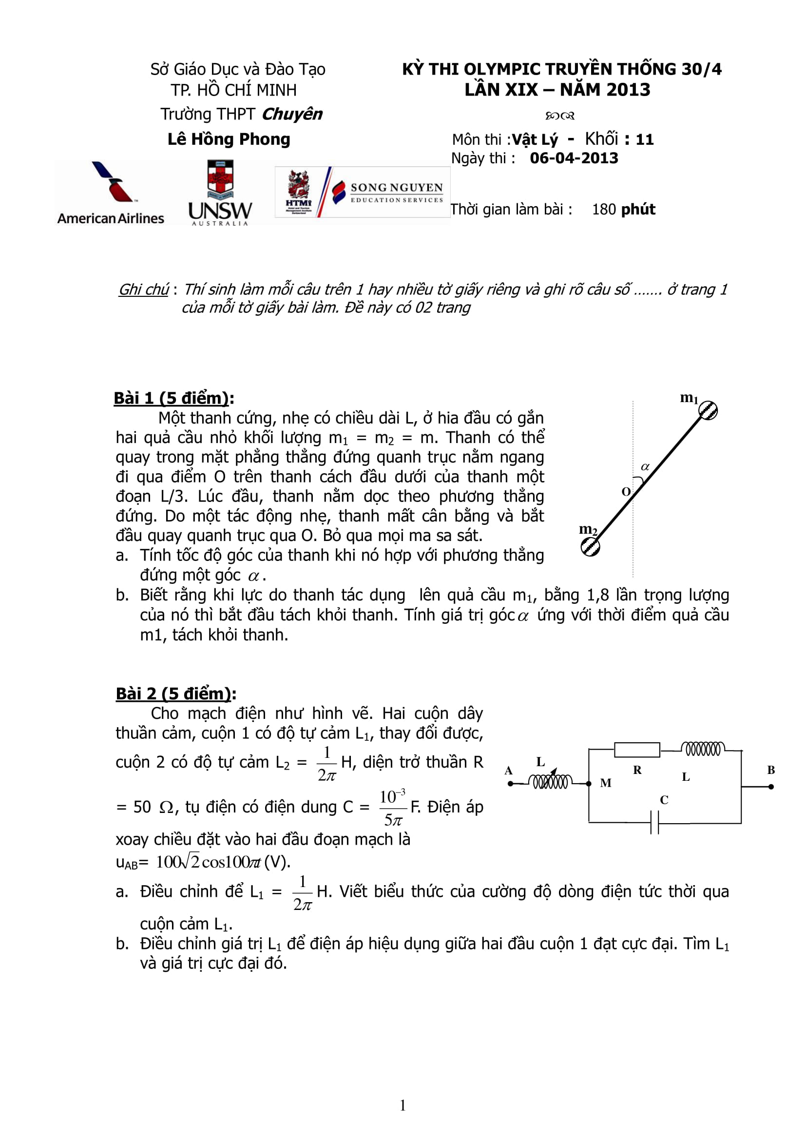 ĐỀ-ĐÁP ÁN OLYMPIC 30/4 2013 lần XIX lớp 11