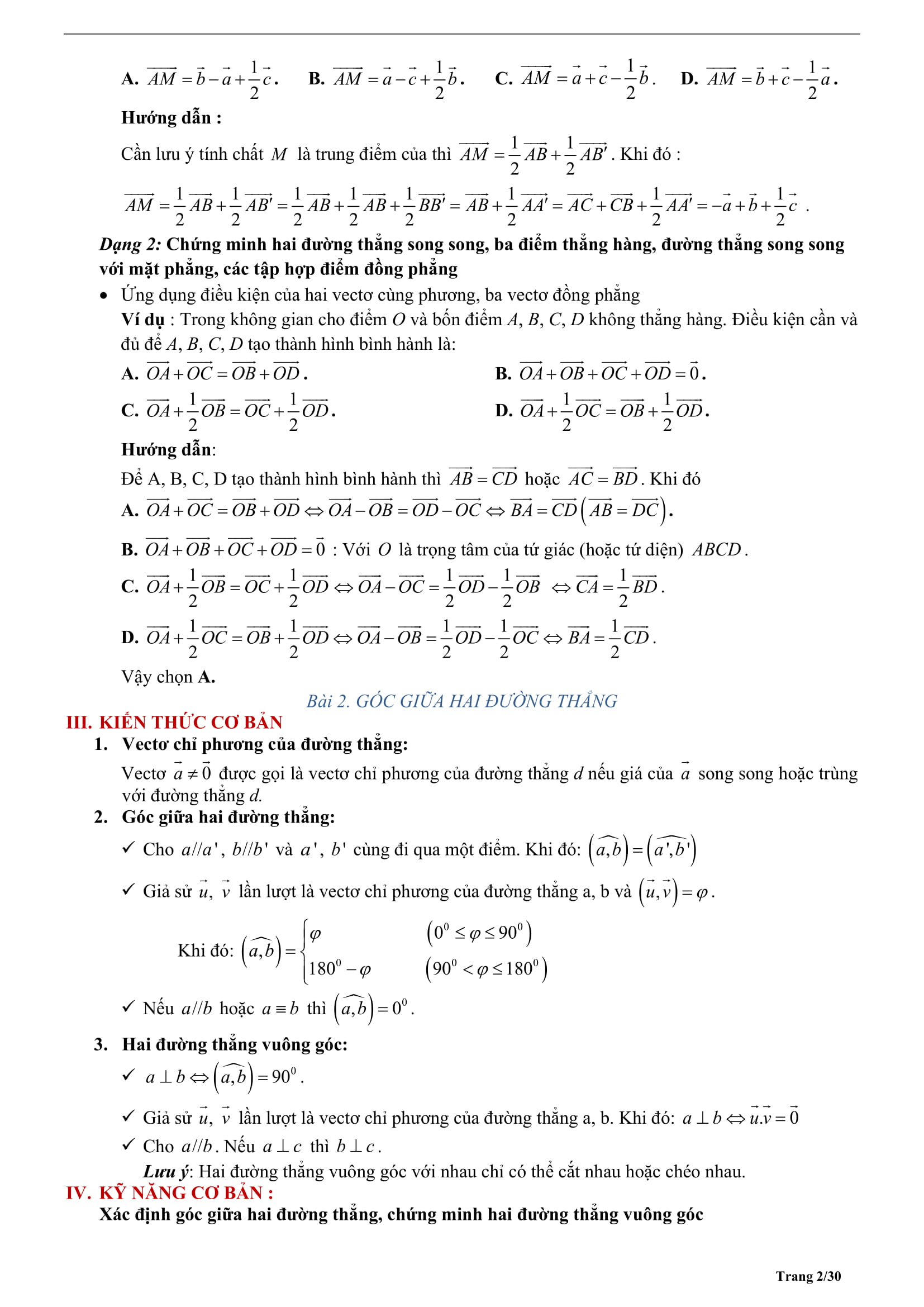 Tóm tắt lý thuyết và bài tập trắc nghiệm véctơ trong không gian, quan hệ vuông góc