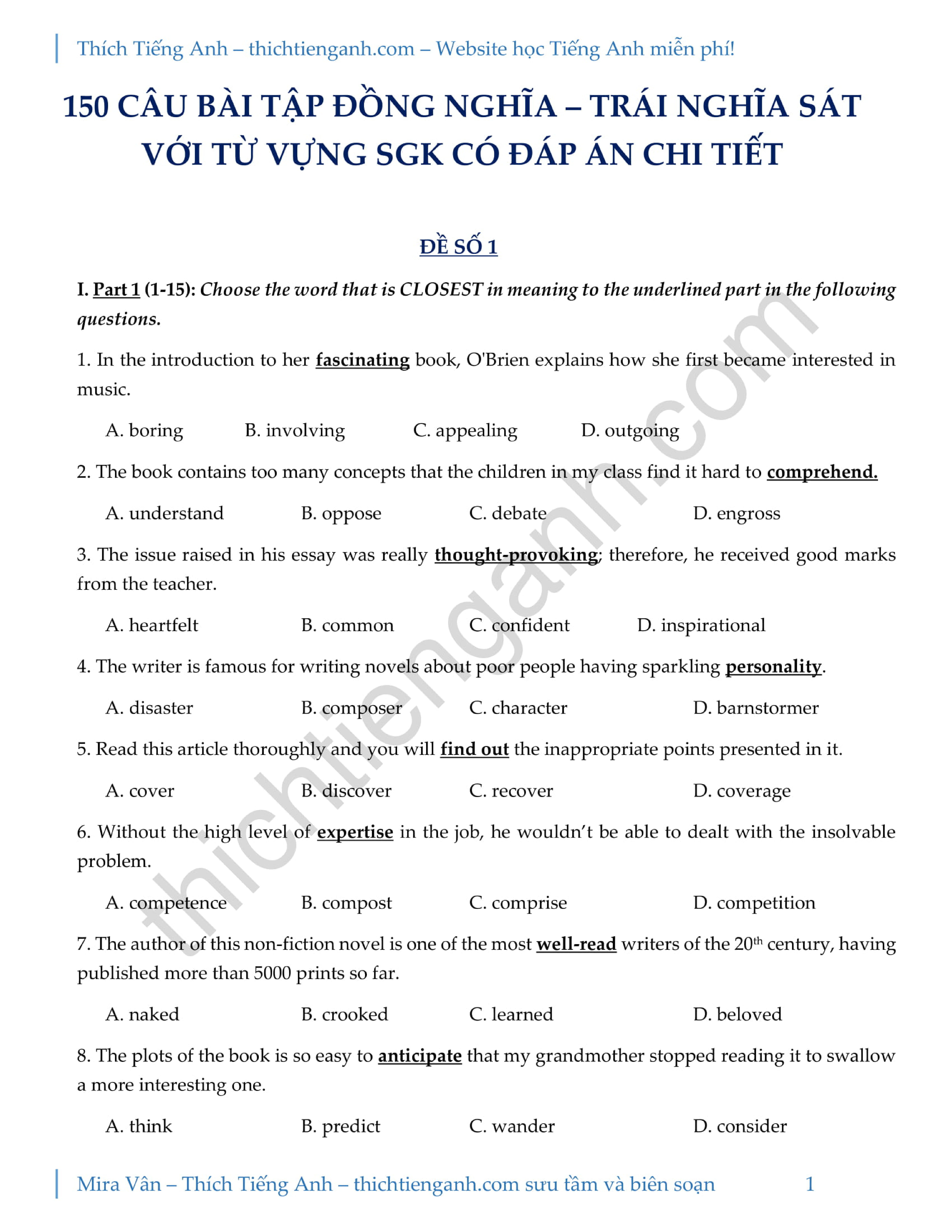 150 Bài tập đồng nghĩa – trái nghĩa sát SGK Tiếng Anh – Mira Vân