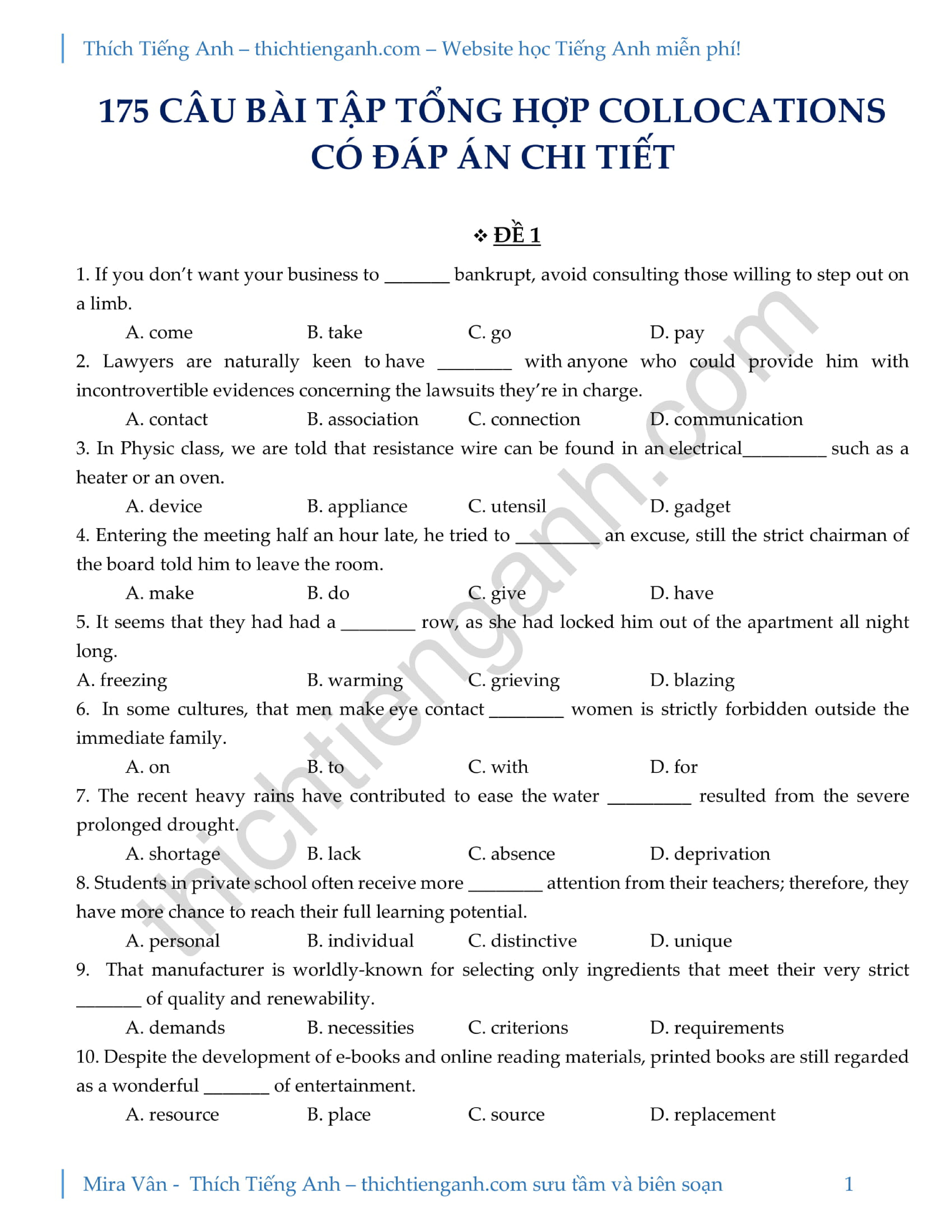 175 câu bài tập Collocation có đáp án chi tiết bám sát đề thi chính thức – Mira Vân