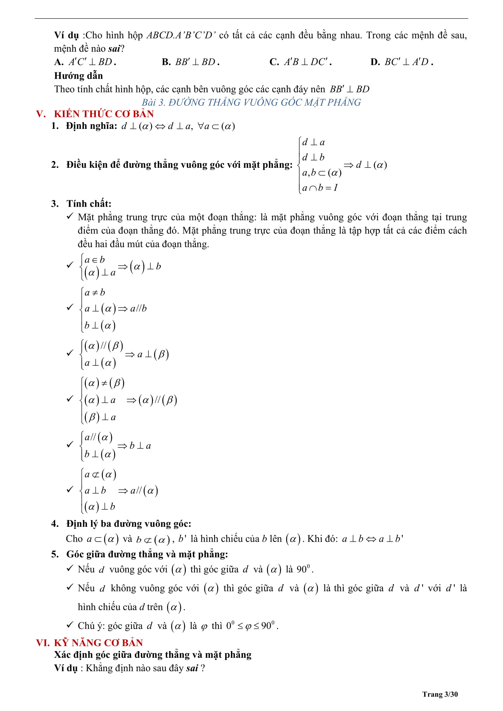 Tóm tắt lý thuyết và bài tập trắc nghiệm véctơ trong không gian, quan hệ vuông góc
