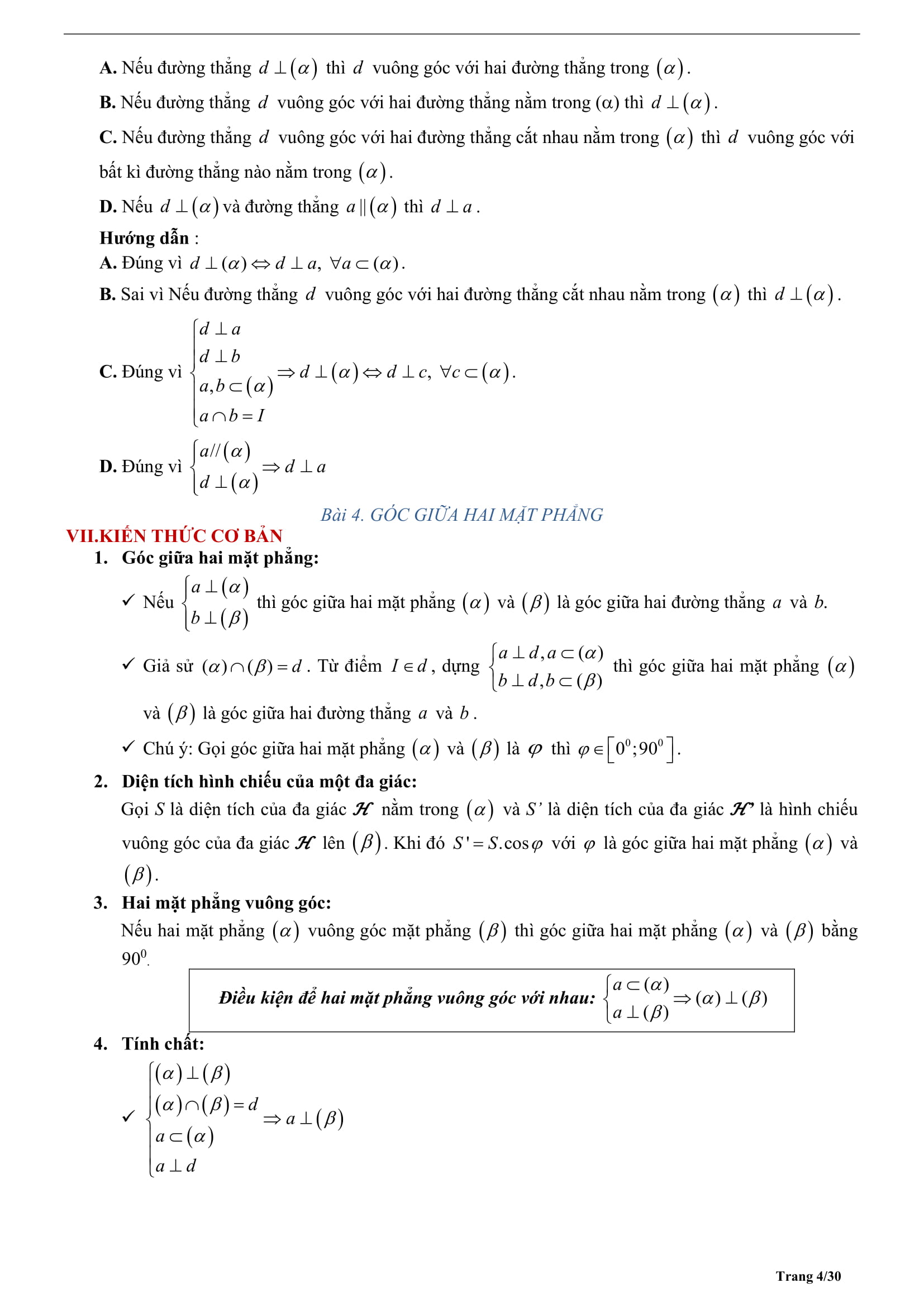Tóm tắt lý thuyết và bài tập trắc nghiệm véctơ trong không gian, quan hệ vuông góc