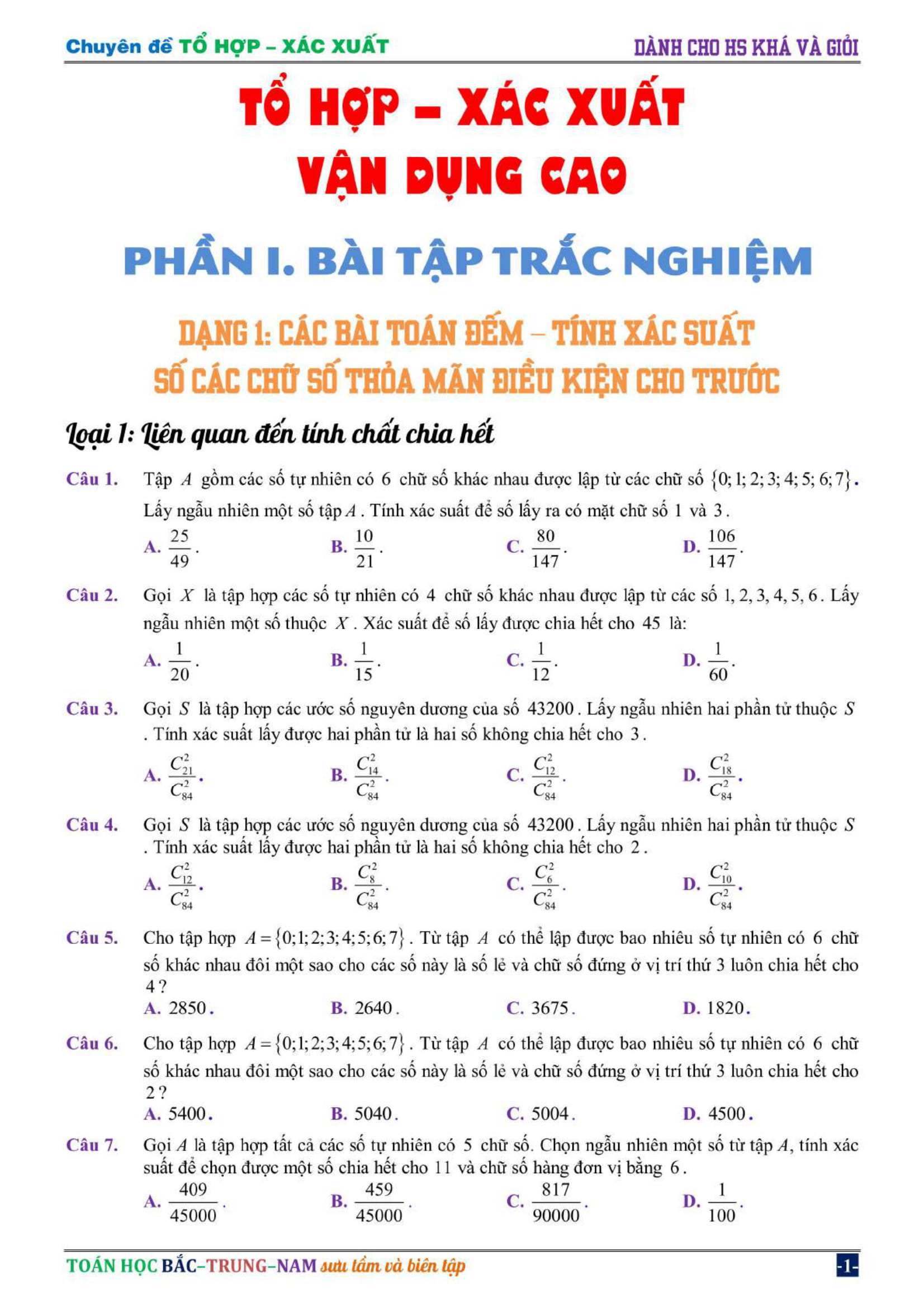 Bài tập tổ hợp – xác xuất vận dụng cao có lời giải chi tiết