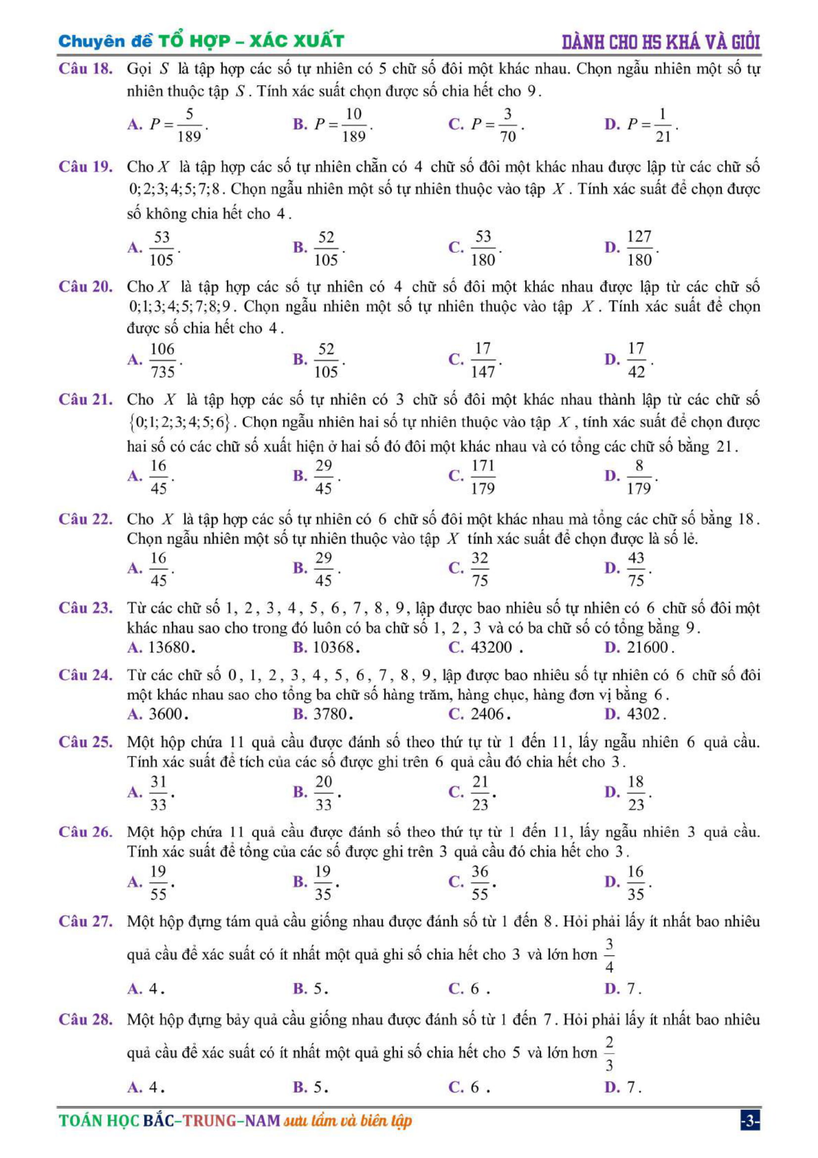 Bài tập tổ hợp – xác xuất vận dụng cao có lời giải chi tiết
