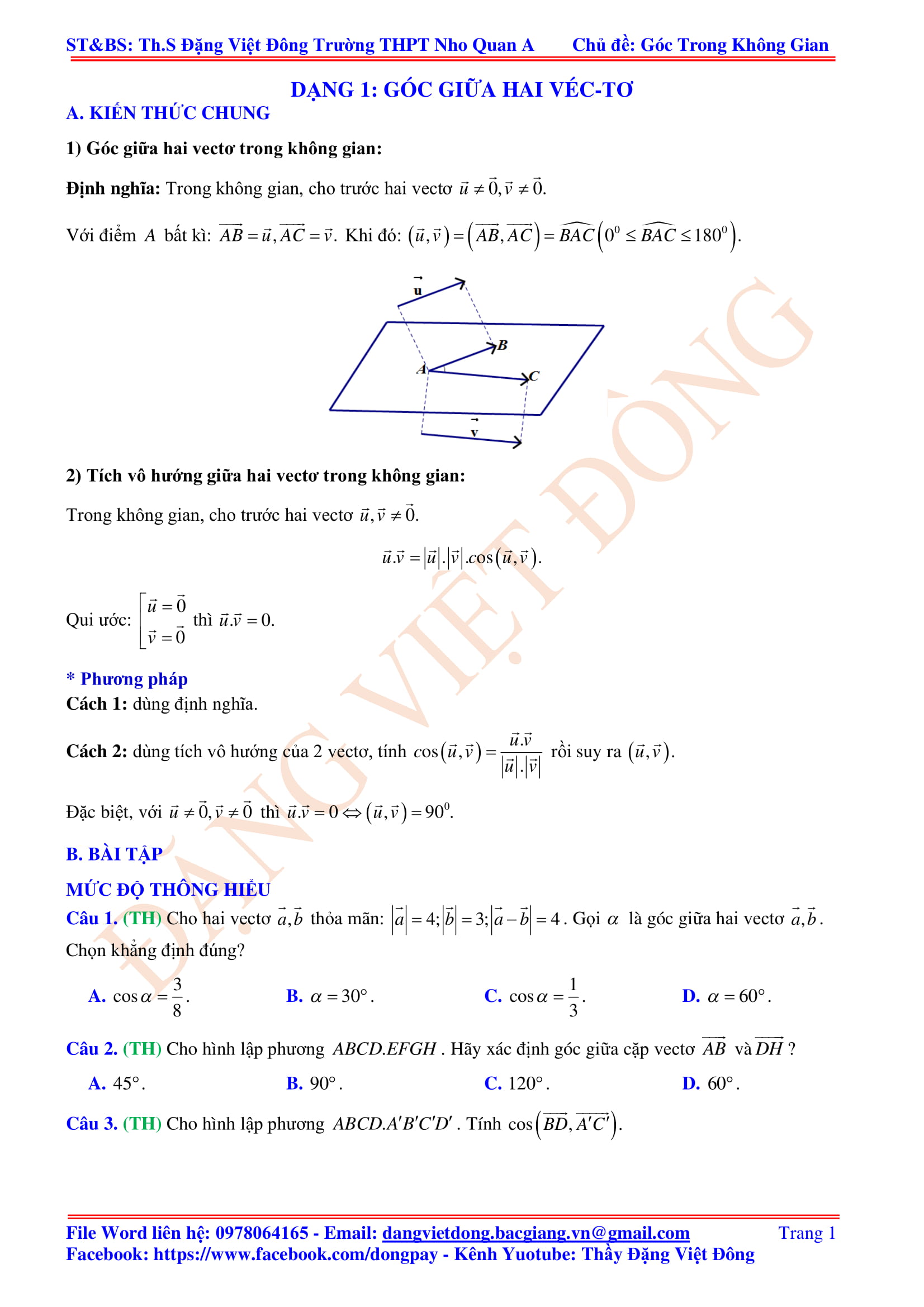 Bài toán góc trong không gian – Đặng Việt Đông