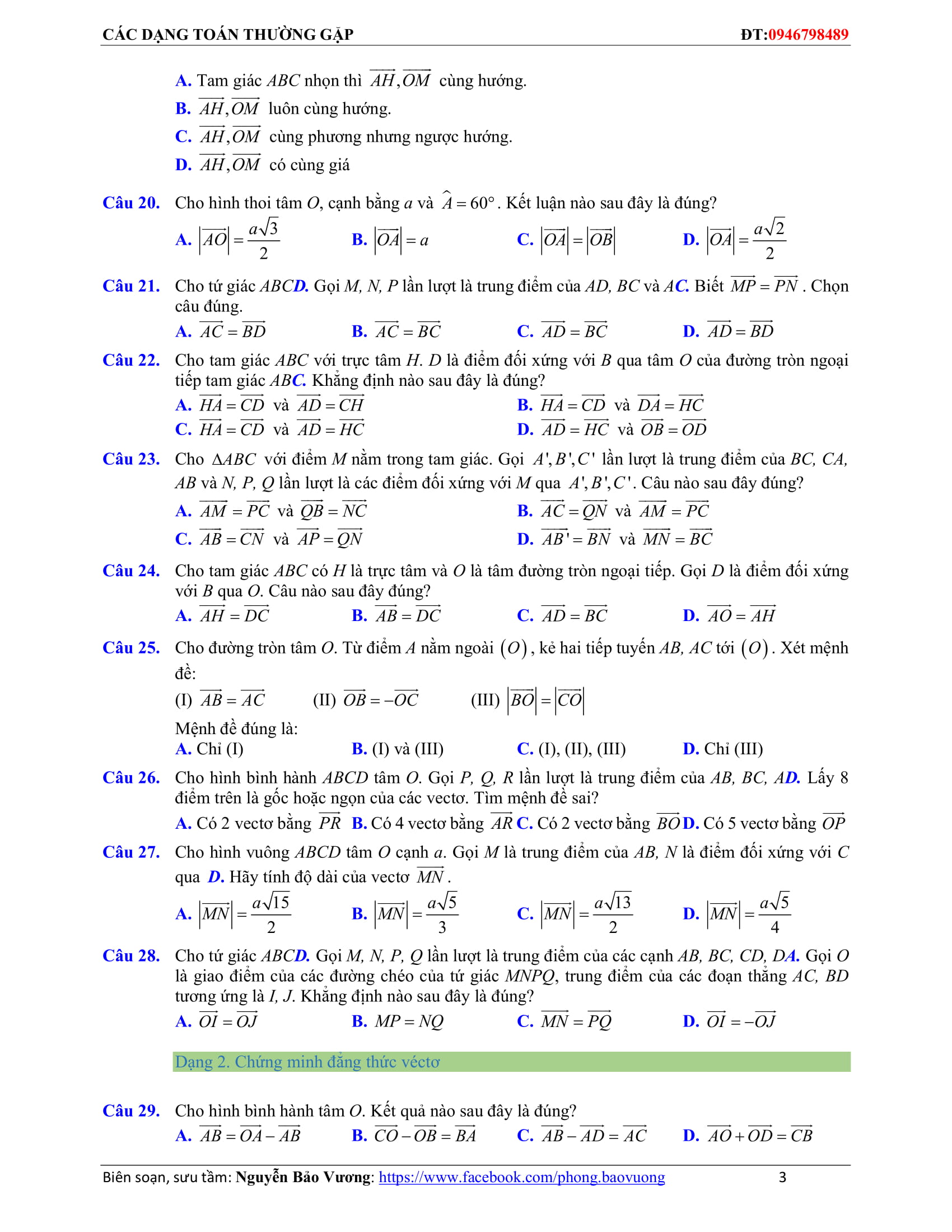 Các dạng toán vectơ thường gặp – Nguyễn Bảo Vương