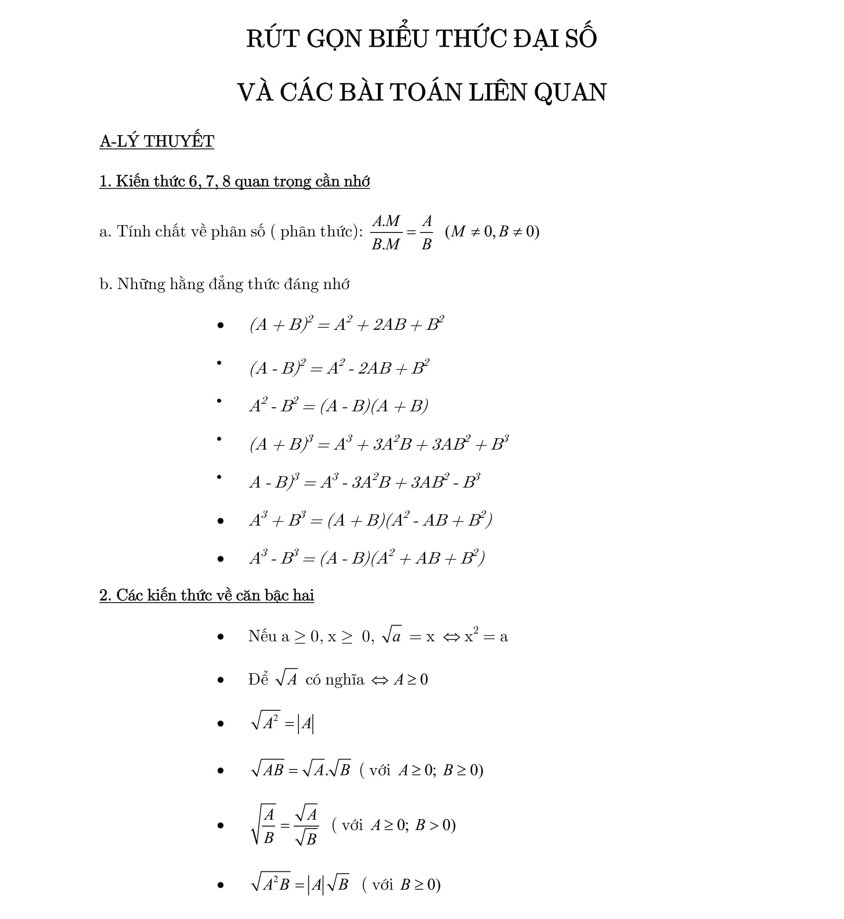 TOÁN 9: CHUYÊN ĐỀ RÚT GỌN BIỂU THỨC VÀ CÁC DẠNG TOÁN LIÊN QUAN