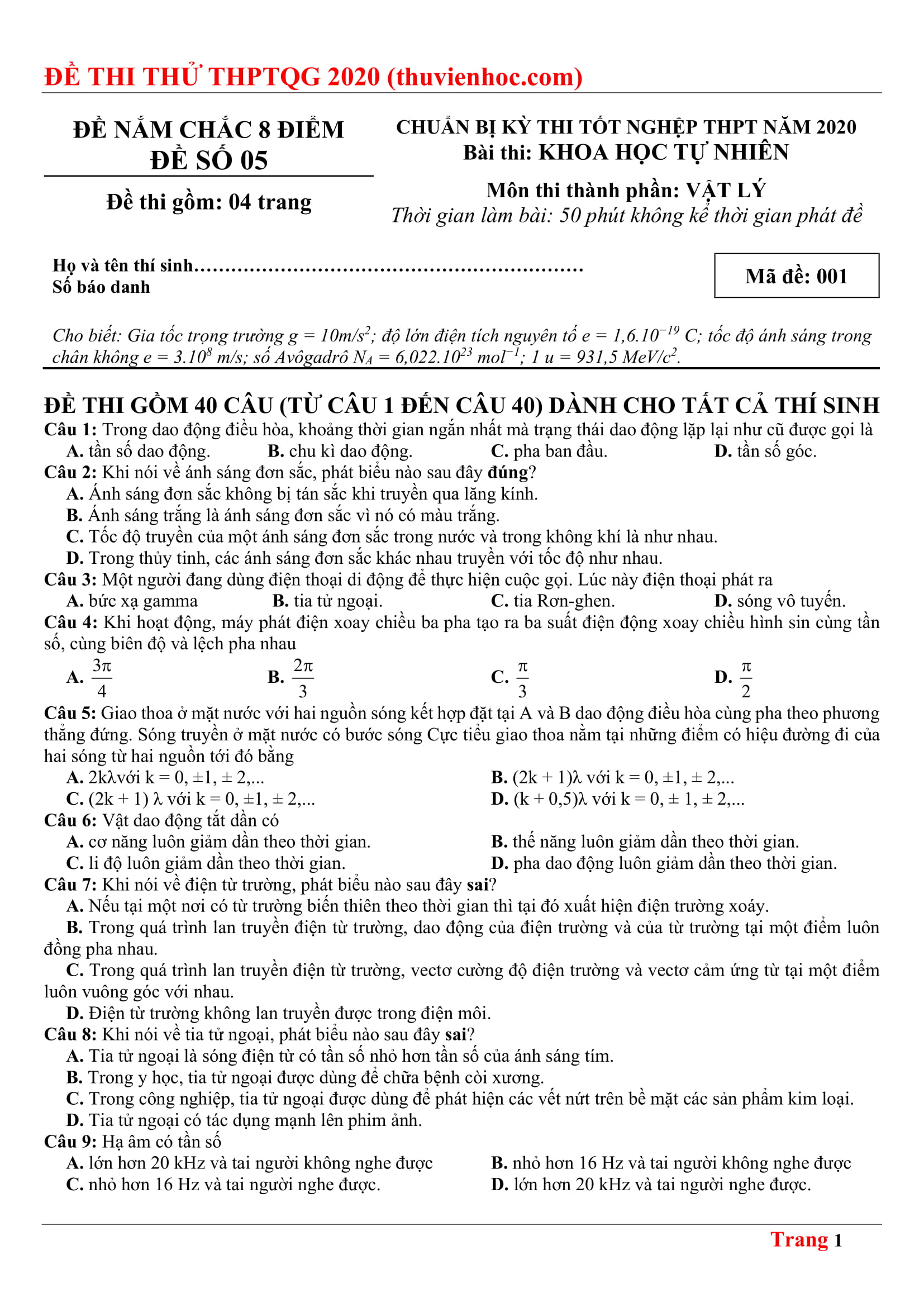 Đề thi thử THPTQG 2020 Đề nắm chắc 8 điểm lần 5