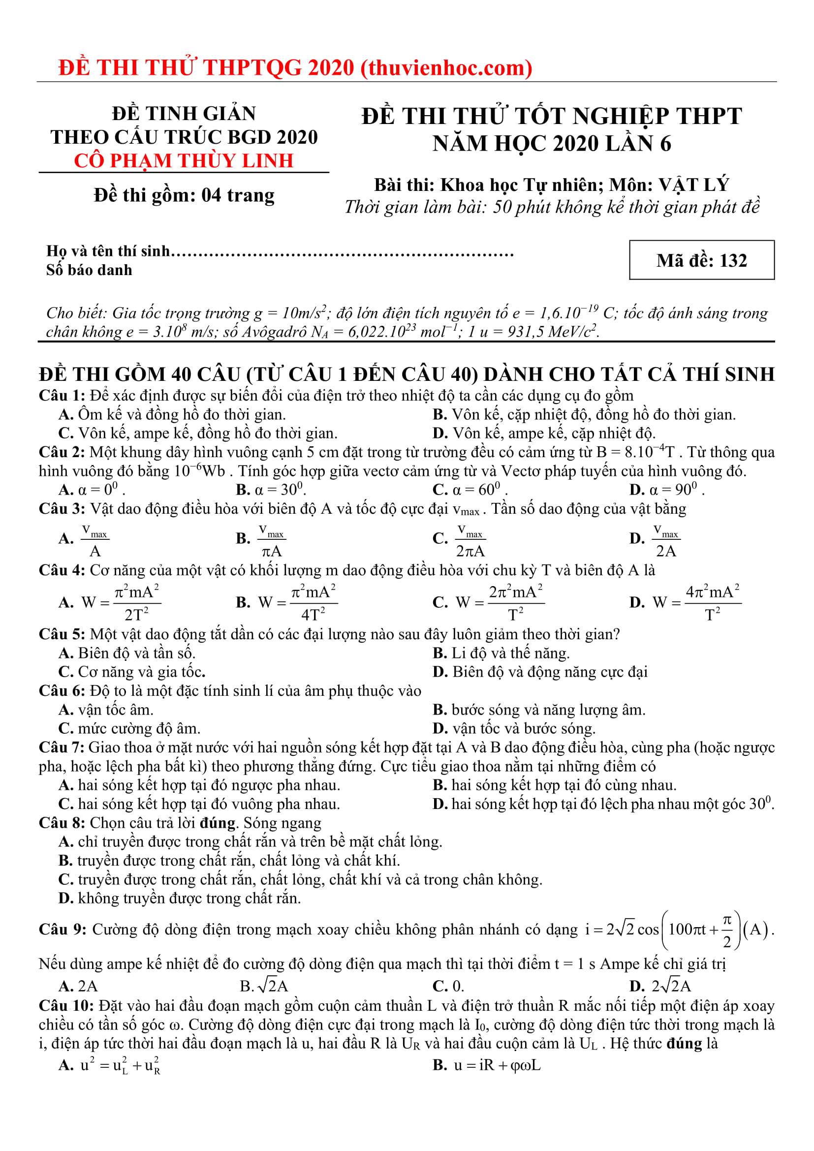 Đề thi thử THPTQG 2020 Theo hướng Tinh giản Bộ giáo dục lần 6