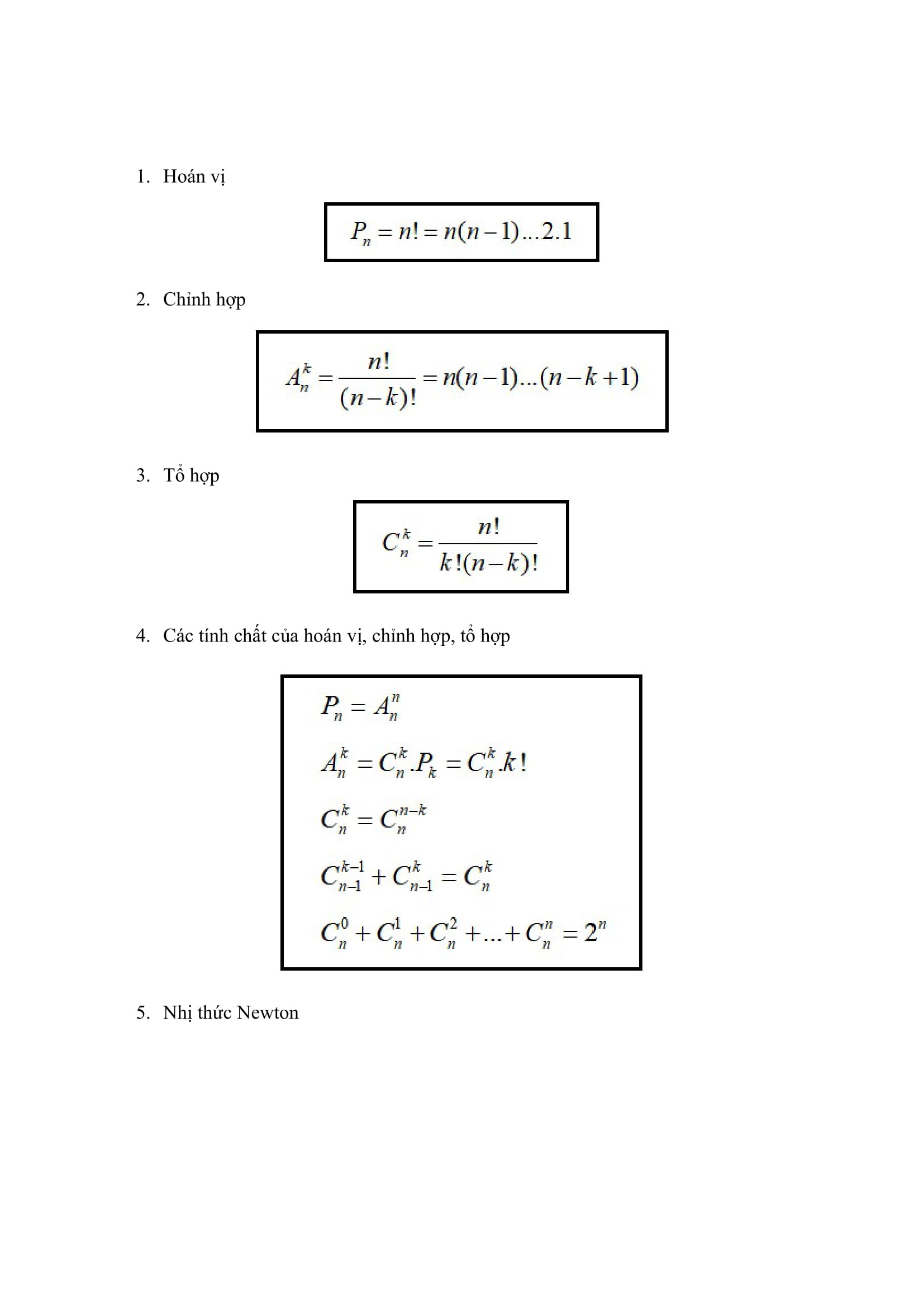 Công thức hoán vị, chỉnh hợp, tổ hợp, xác suất và nhị thức Newton