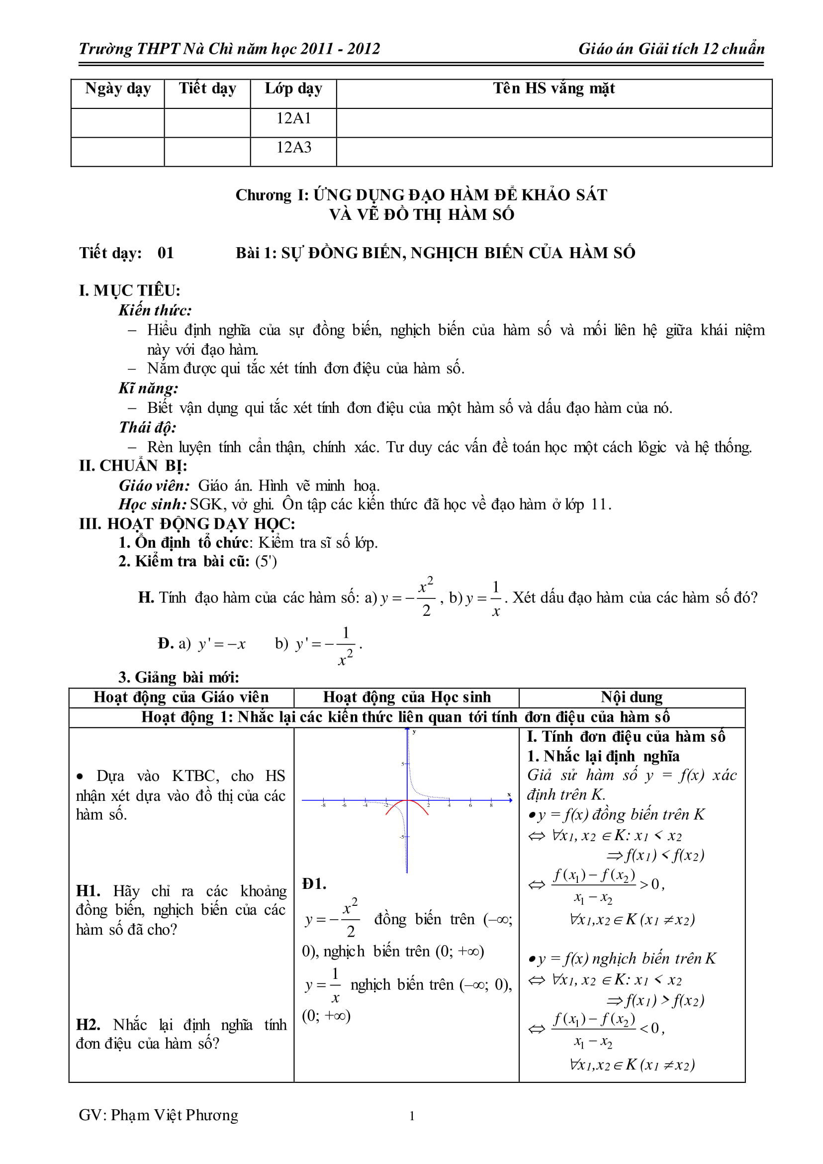 Giáo án Giải tích 12 cơ bản – Phạm Việt Hương