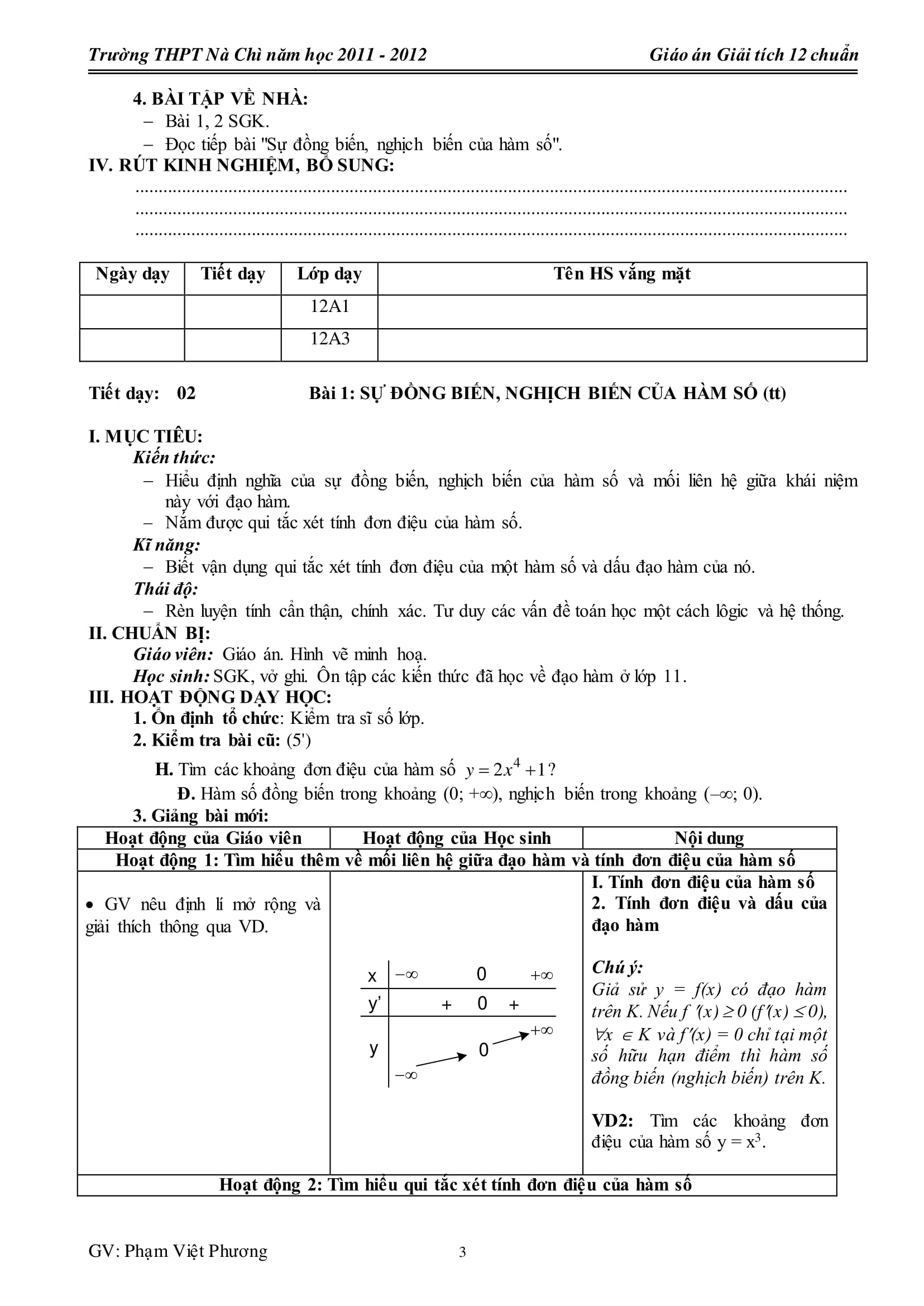 Giáo án Giải tích 12 cơ bản – Phạm Việt Hương