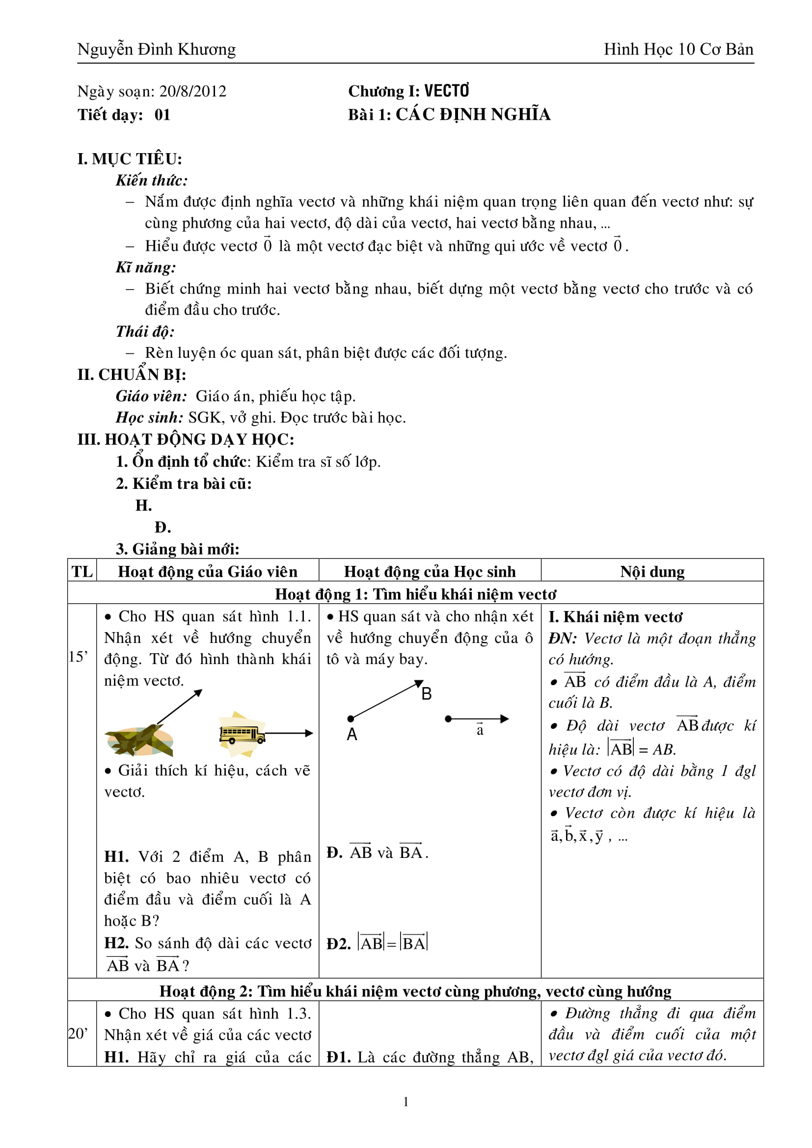 Giáo án Hình học 10 cơ bản thầy Nguyễn Đình Khương