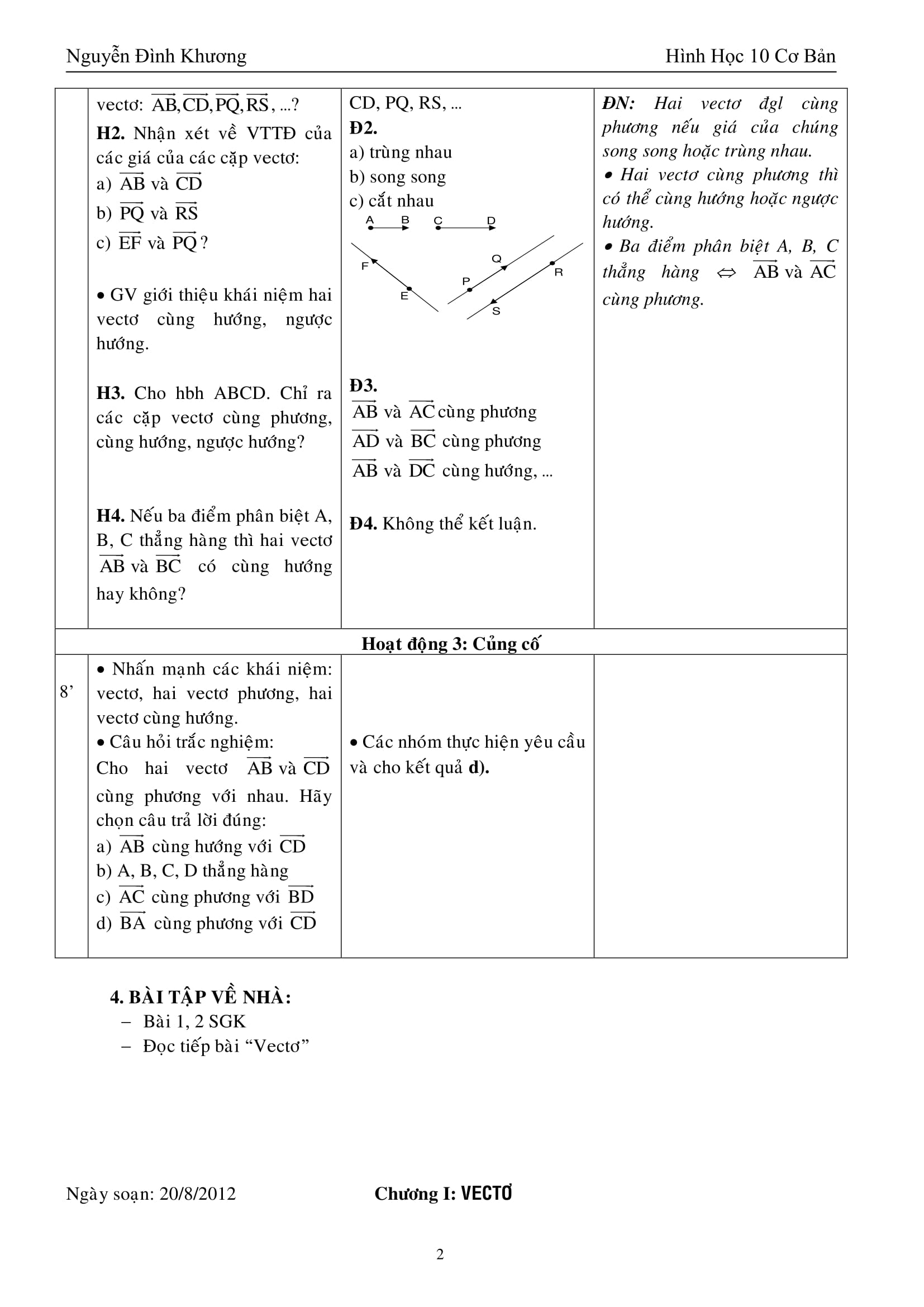 Giáo án Hình học 10 cơ bản thầy Nguyễn Đình Khương