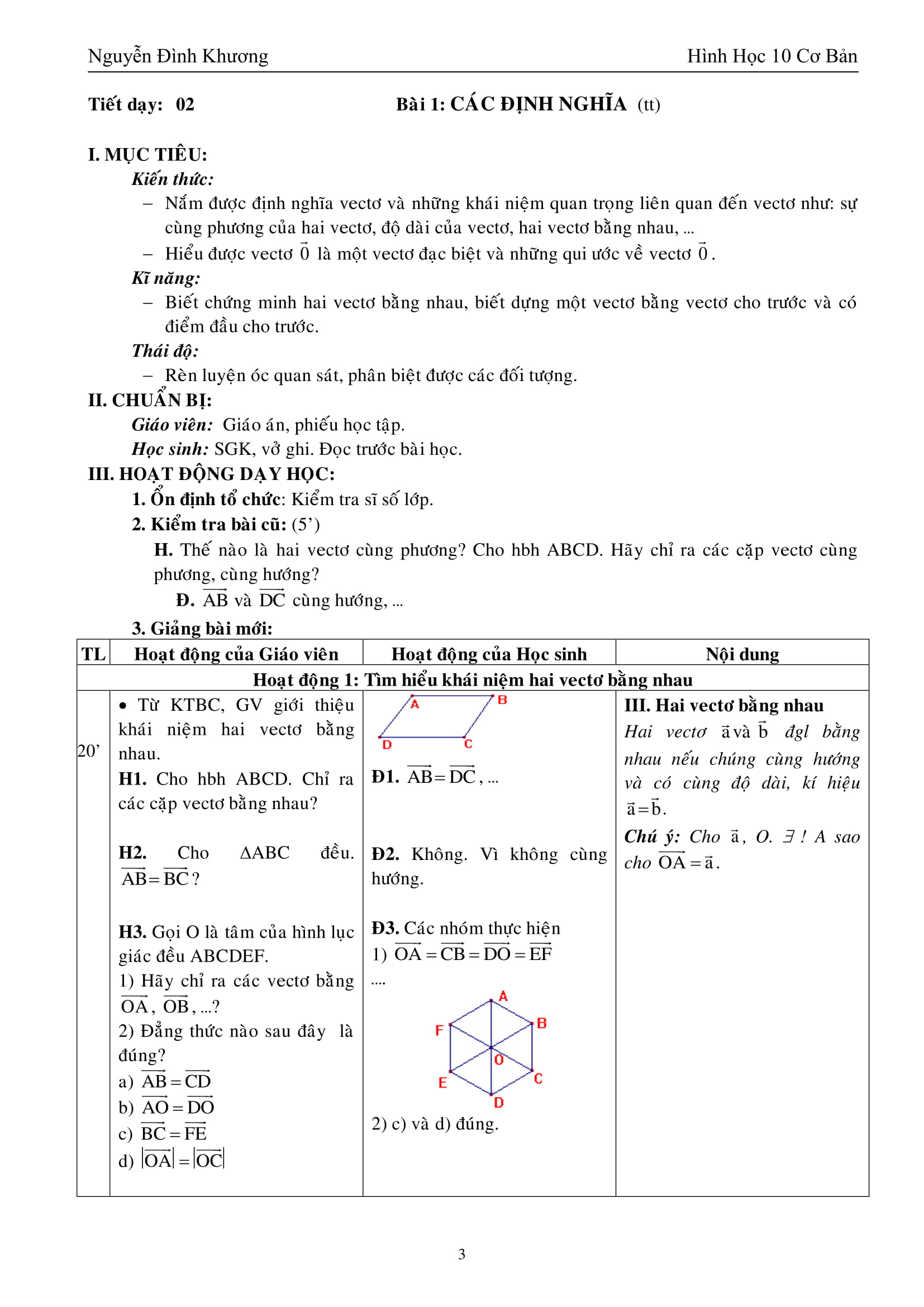 Giáo án Hình học 10 cơ bản thầy Nguyễn Đình Khương