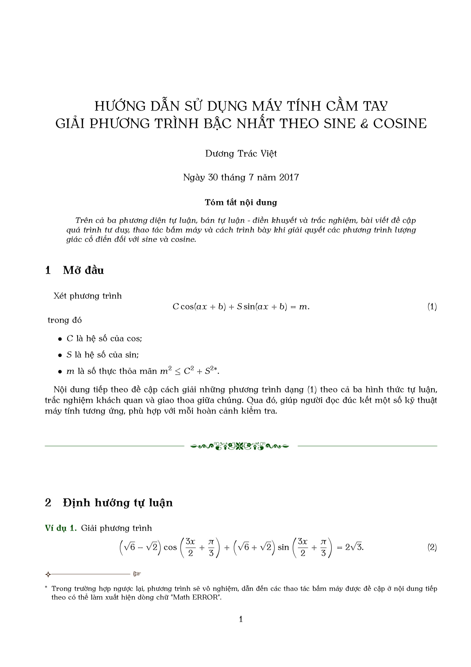 Hướng dẫn sử dụng máy tính cầm tay giải phương trình bậc nhất theo SIN và COS – Dương Trác Việt