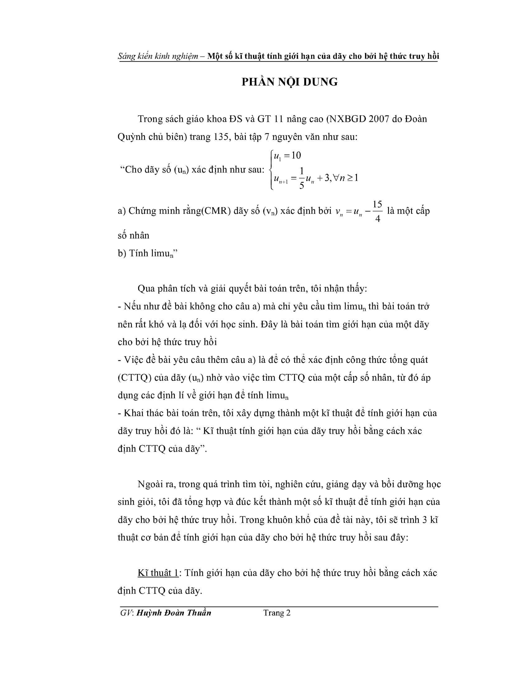 Kĩ thuật tính giới hạn của dãy số cho bởi công thức truy hồi – Huỳnh Đoàn Thuần