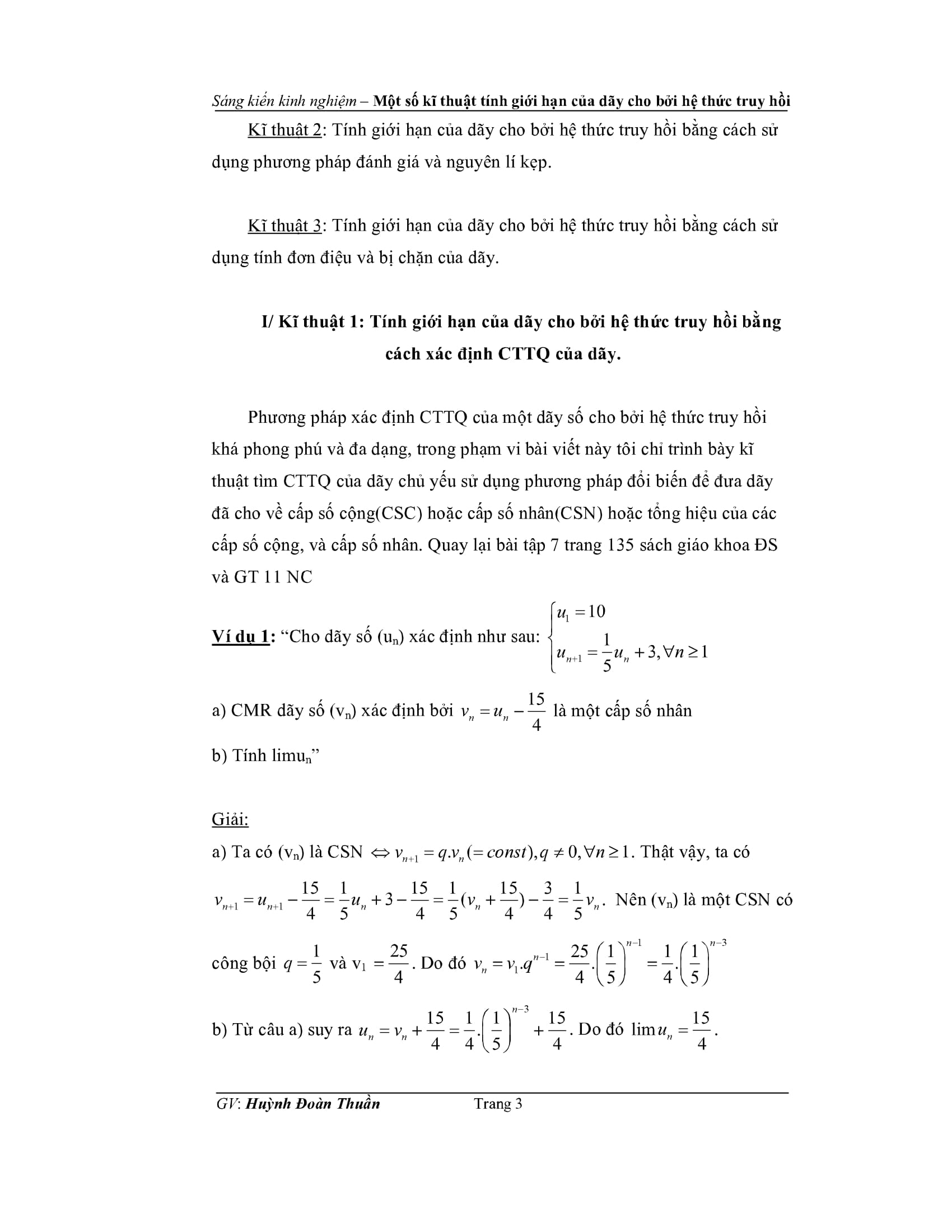 Kĩ thuật tính giới hạn của dãy số cho bởi công thức truy hồi – Huỳnh Đoàn Thuần