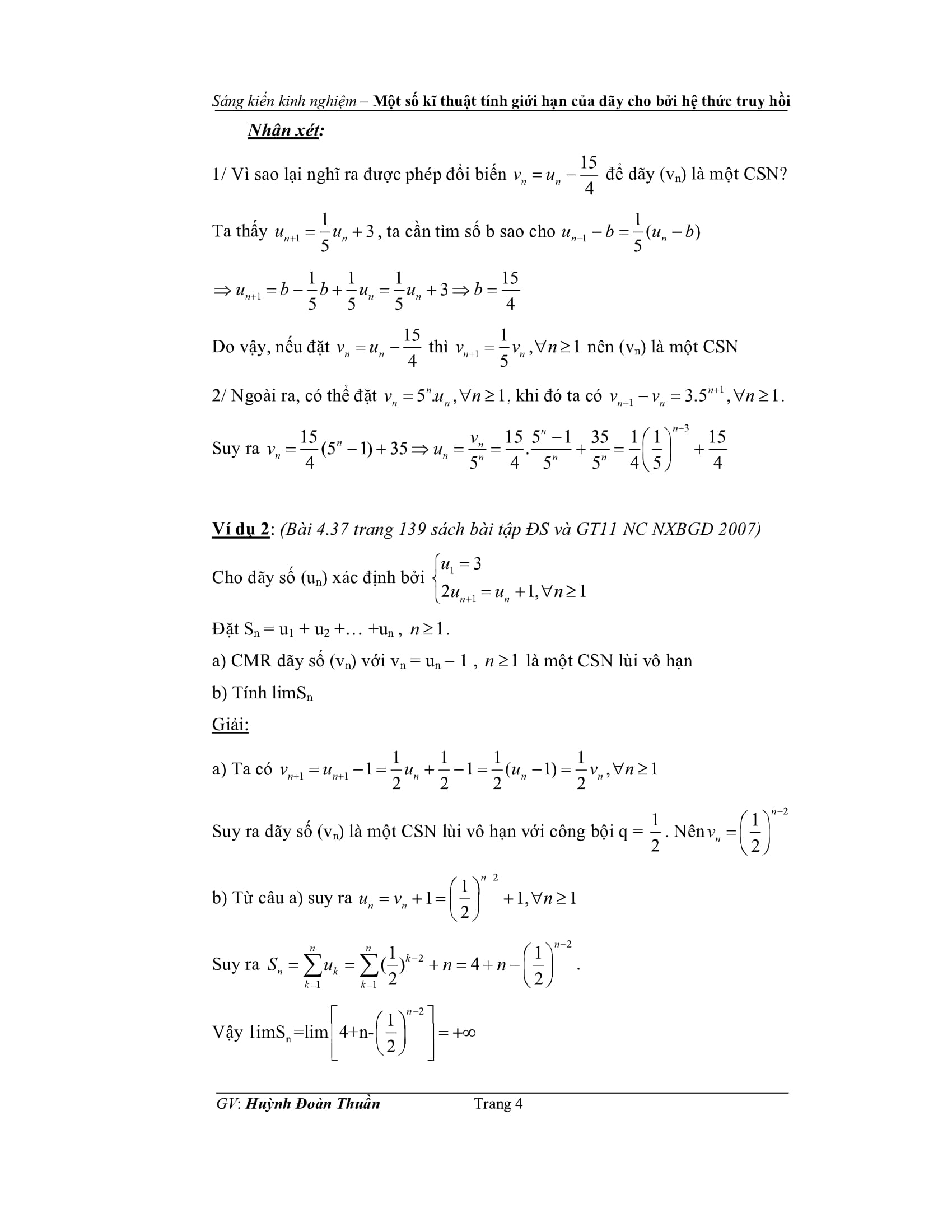 Kĩ thuật tính giới hạn của dãy số cho bởi công thức truy hồi – Huỳnh Đoàn Thuần