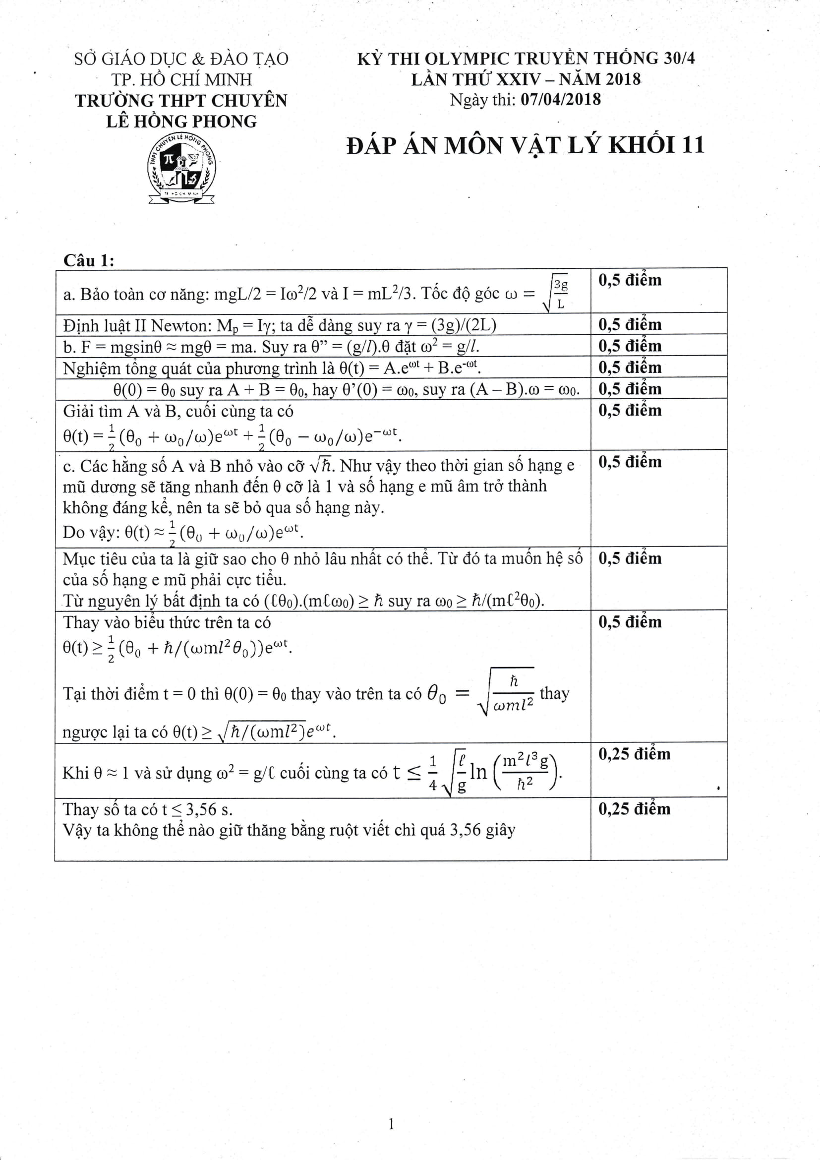 Đề thi Olympic 30/4 Vật lý 11 năm 2018