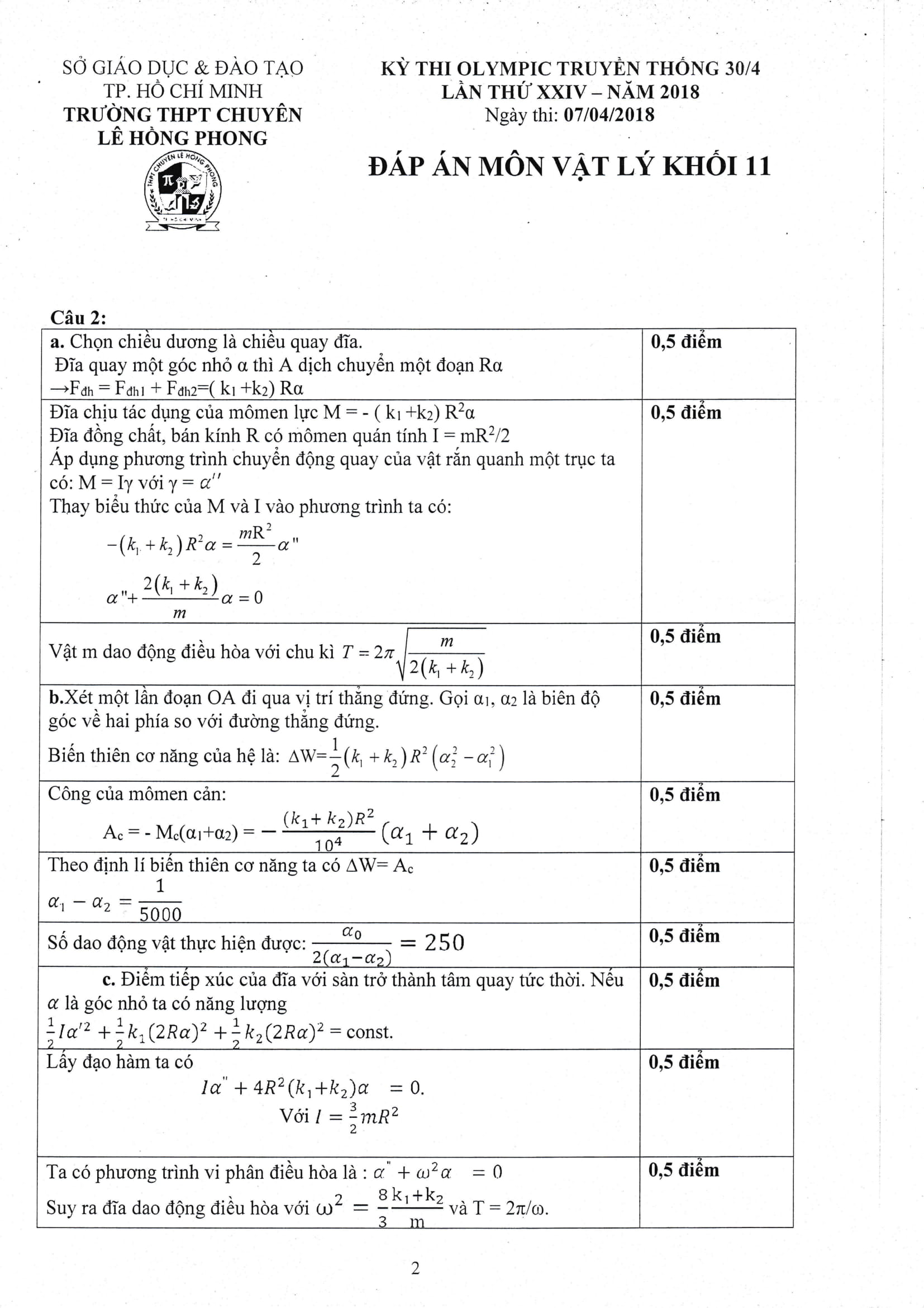 Đề thi Olympic 30/4 Vật lý 11 năm 2018