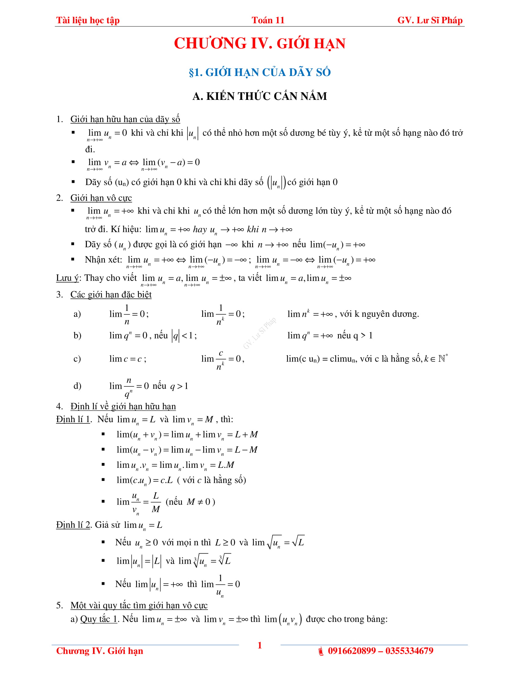 Lý thuyết và bài tập chuyên đề giới hạn – Lư Sĩ Pháp