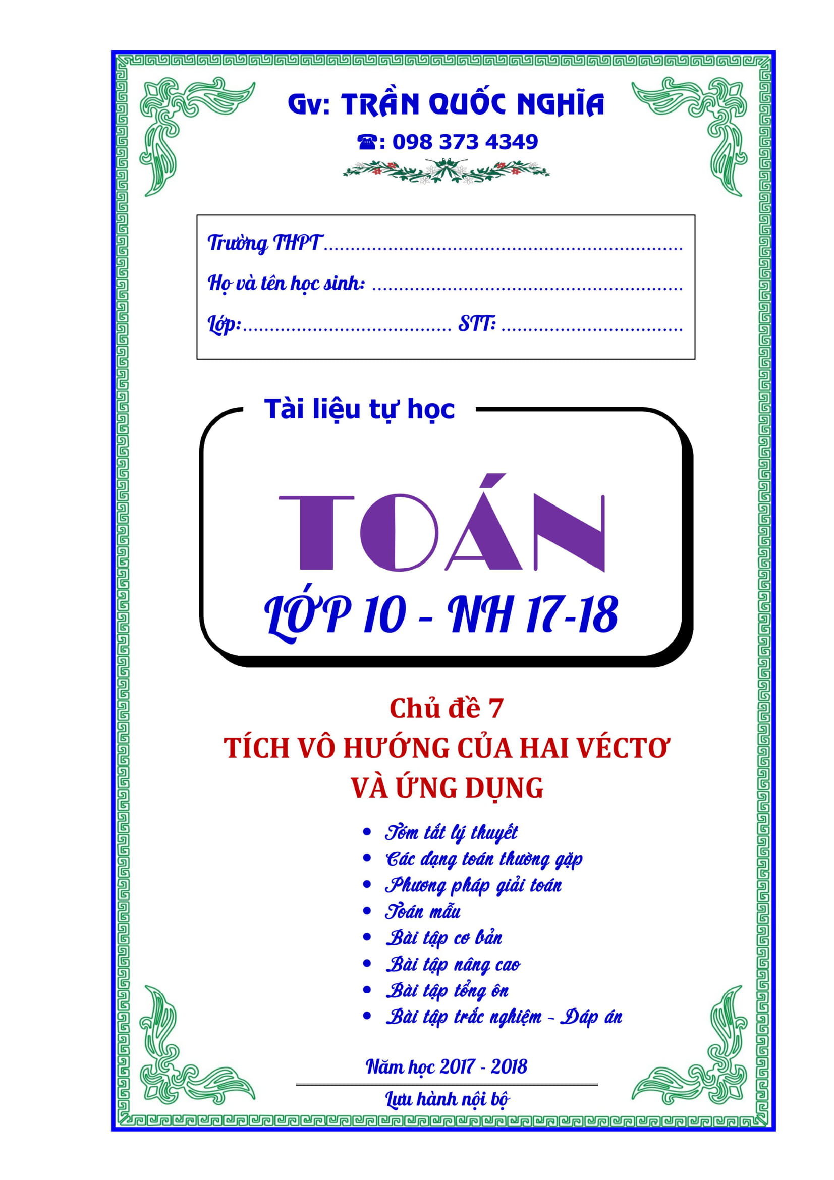 Phân dạng và bài tập chuyên đề tích vô hướng của 2 vectơ và ứng dụng – Trần Quốc Nghĩa