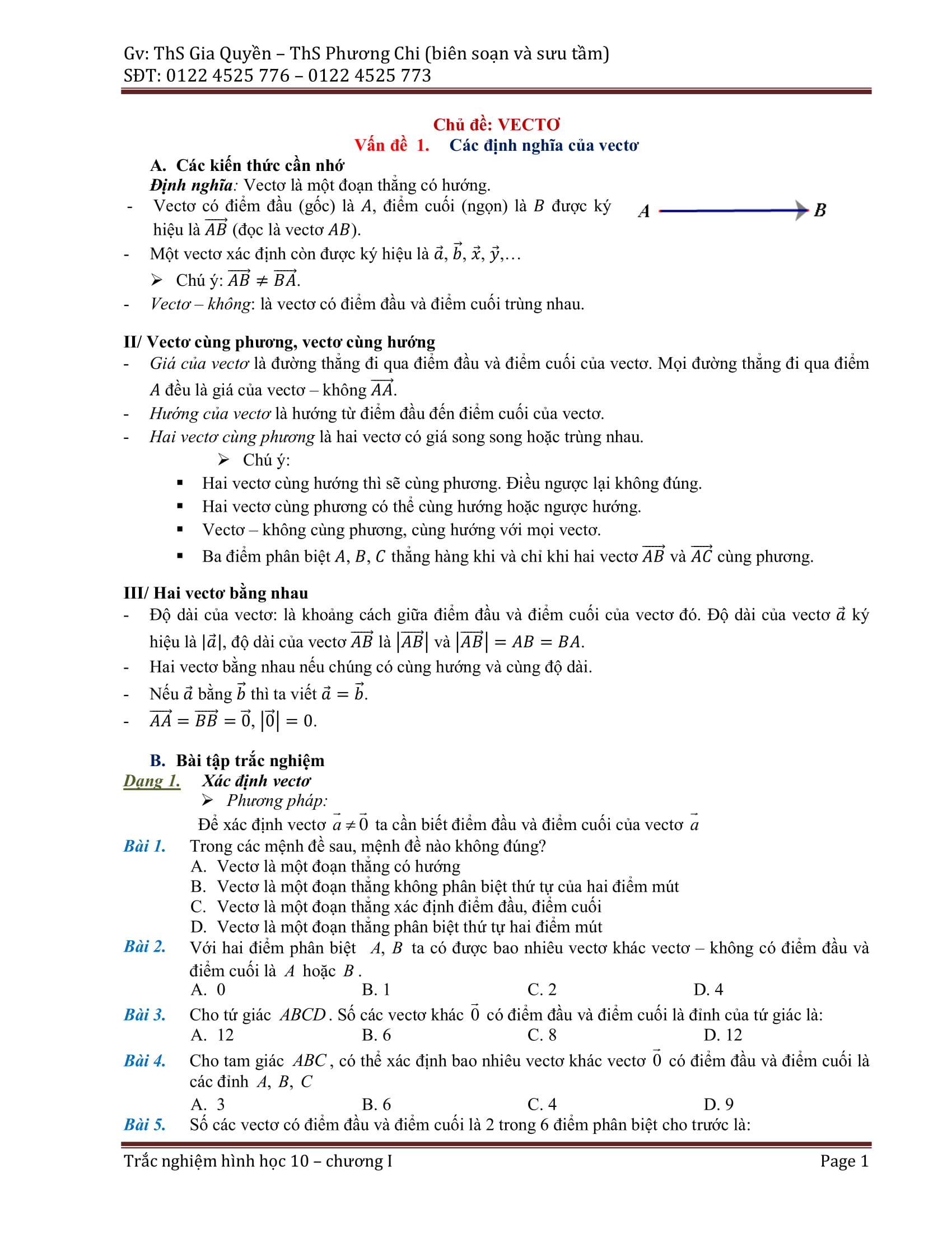 Phân dạng và bài tập trắc nghiệm chuyên đề vector – Gia Quyền, Phương Chi