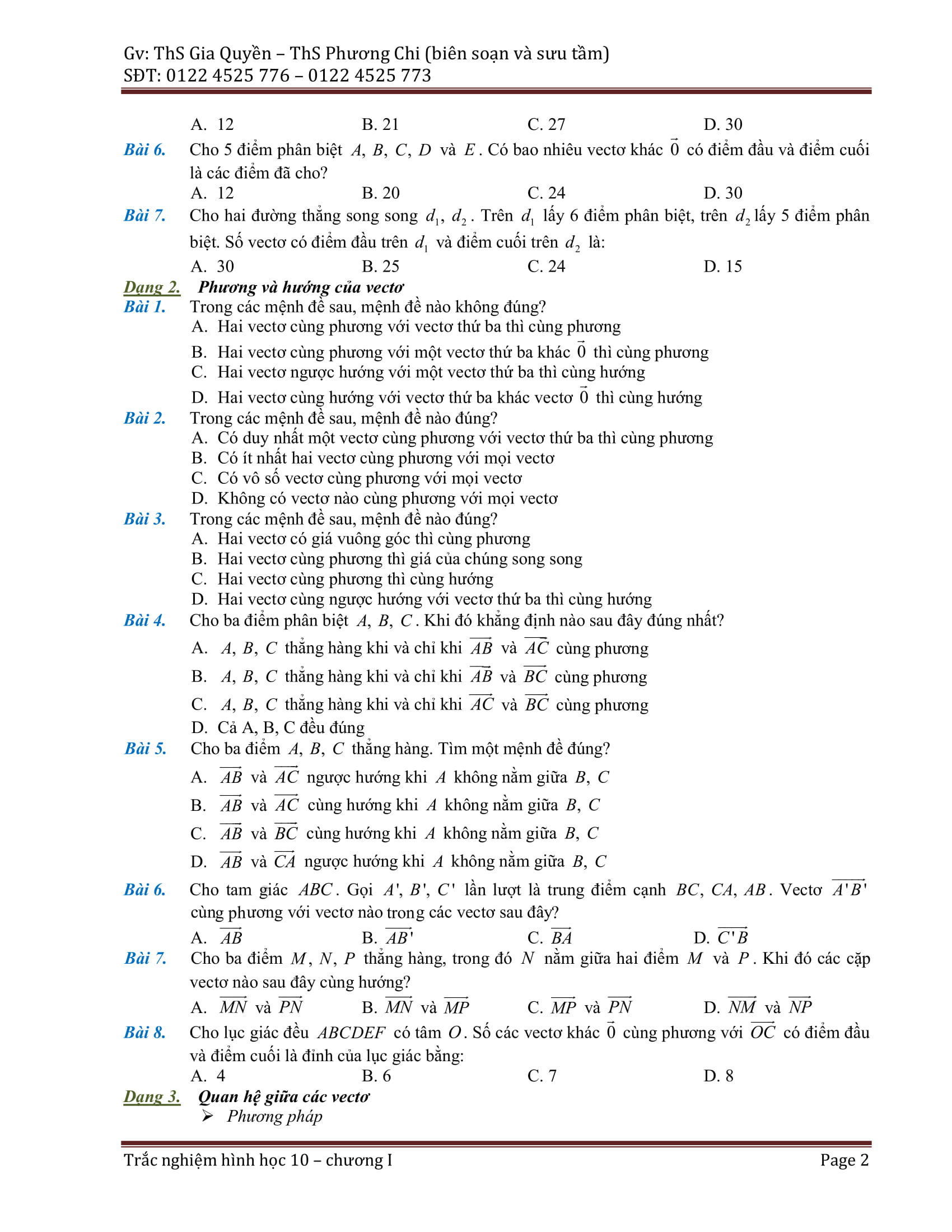 Phân dạng và bài tập trắc nghiệm chuyên đề vector – Gia Quyền, Phương Chi