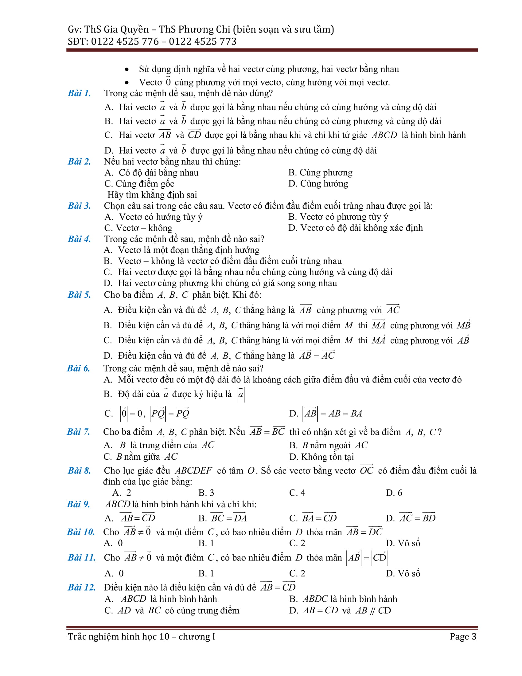 Phân dạng và bài tập trắc nghiệm chuyên đề vector – Gia Quyền, Phương Chi