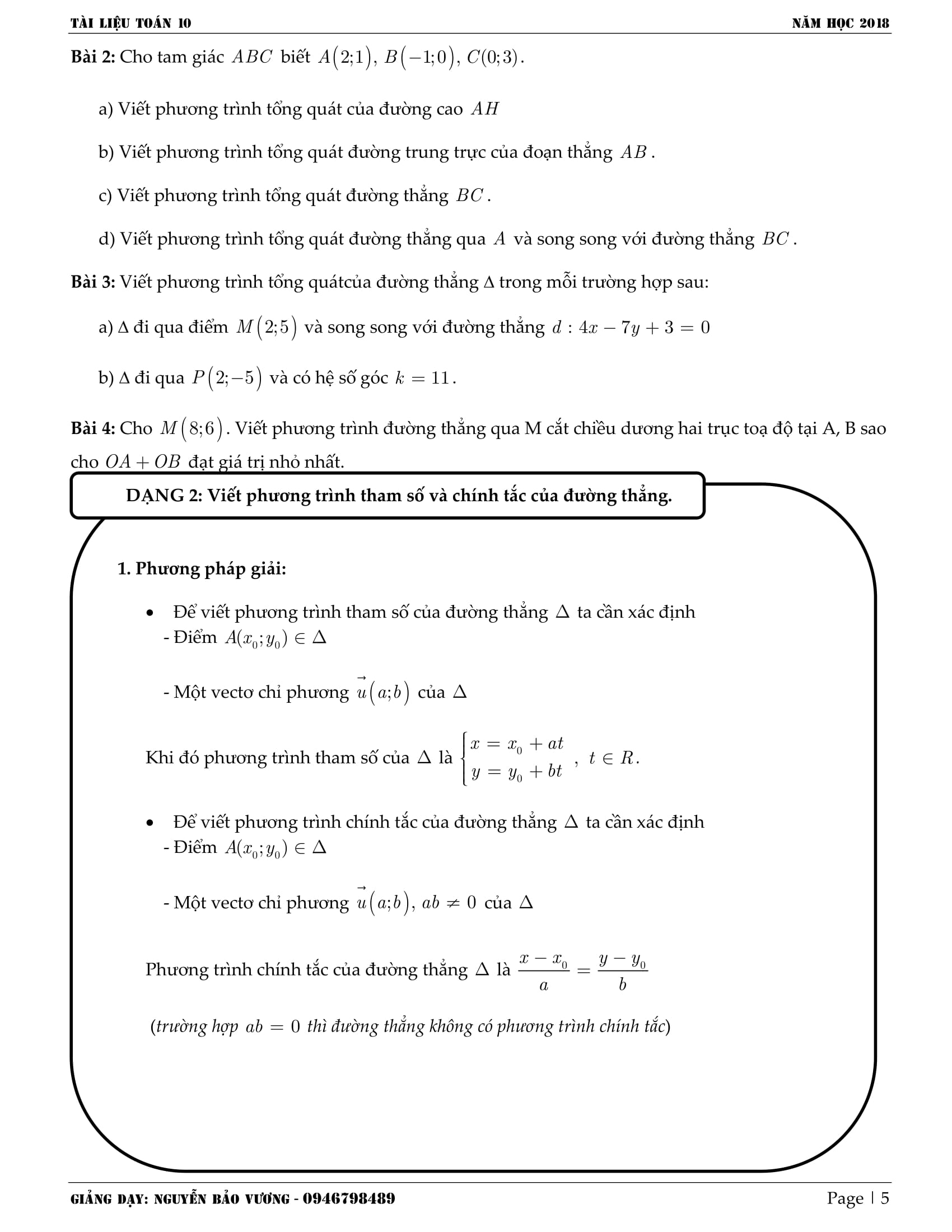 Phương trình đường thẳng Oxy – Nguyễn Bảo Vương