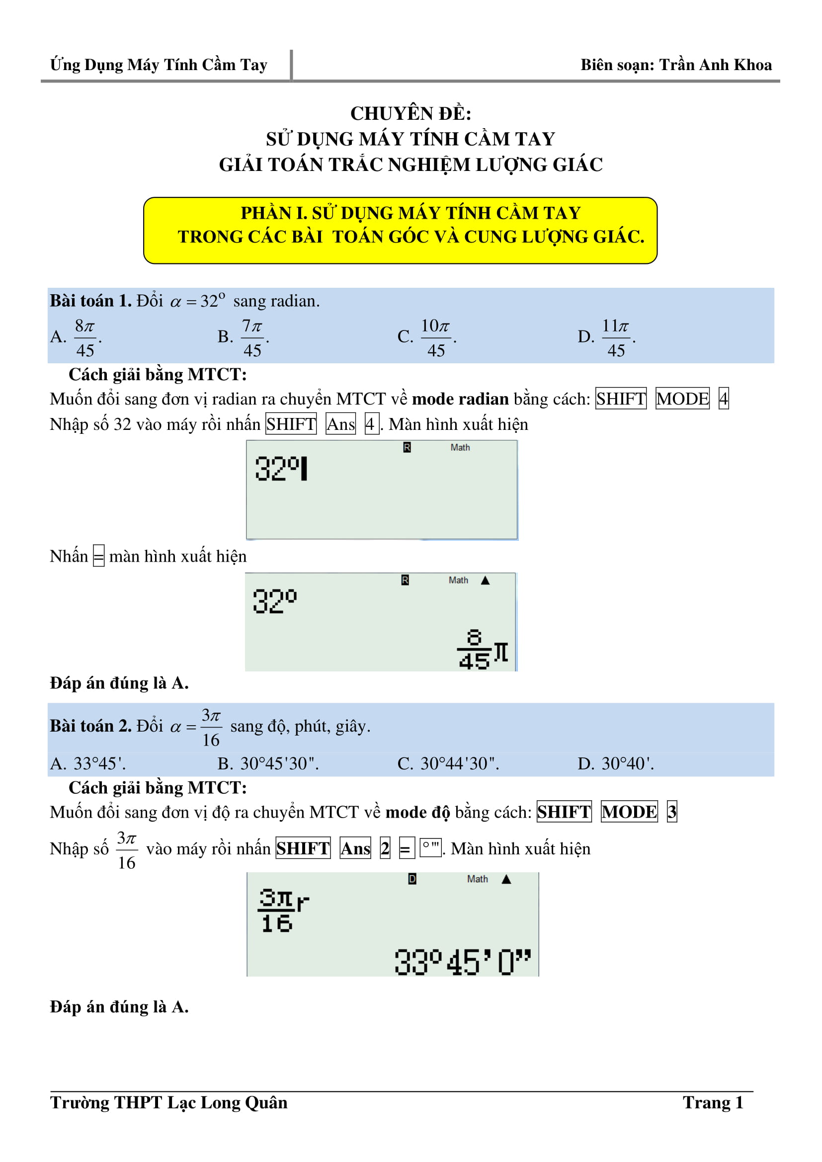 Sử dụng máy tính cầm tay giải nhanh trắc nghiệm lượng giác – Trần Anh Khoa