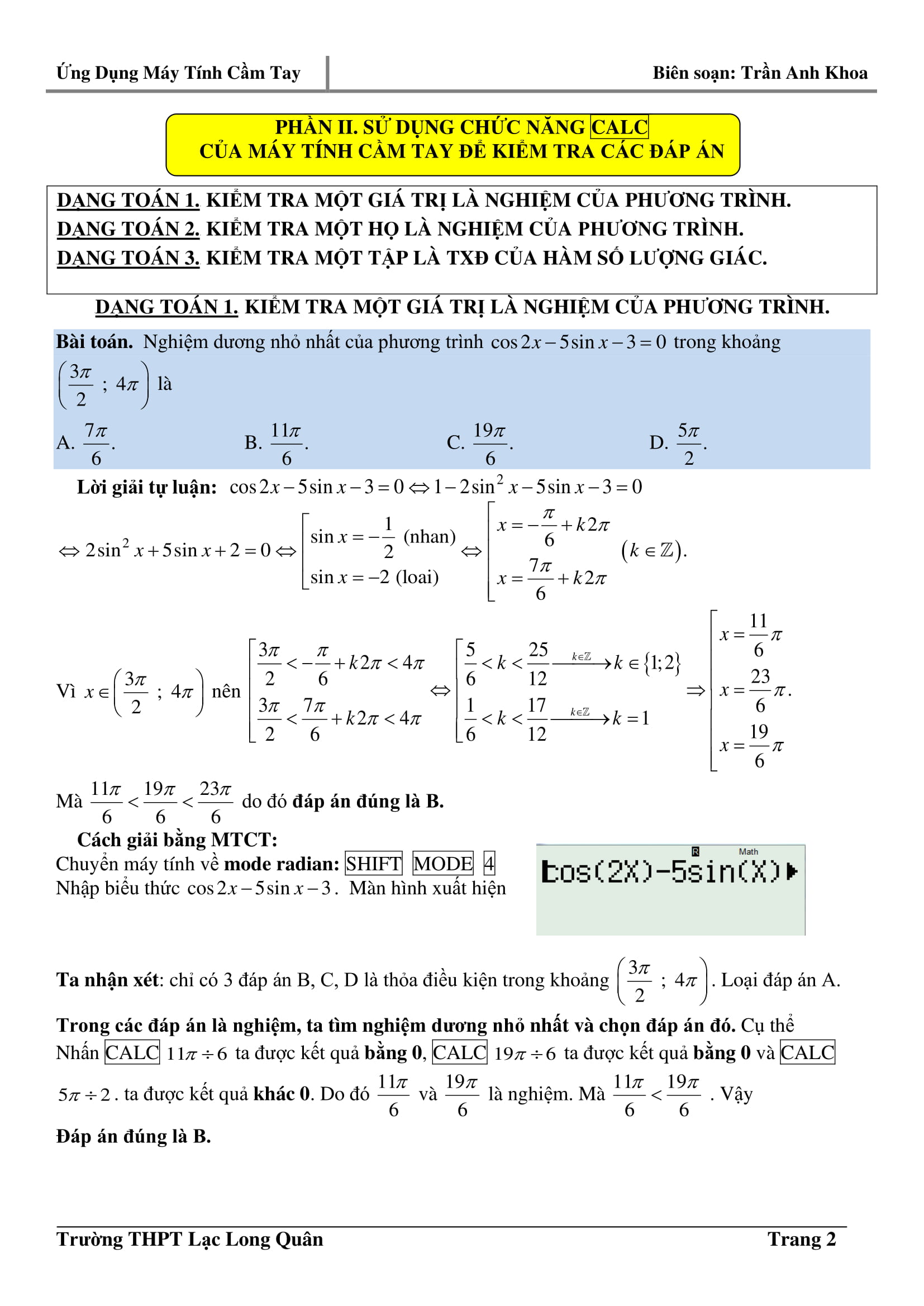 Sử dụng máy tính cầm tay giải nhanh trắc nghiệm lượng giác – Trần Anh Khoa