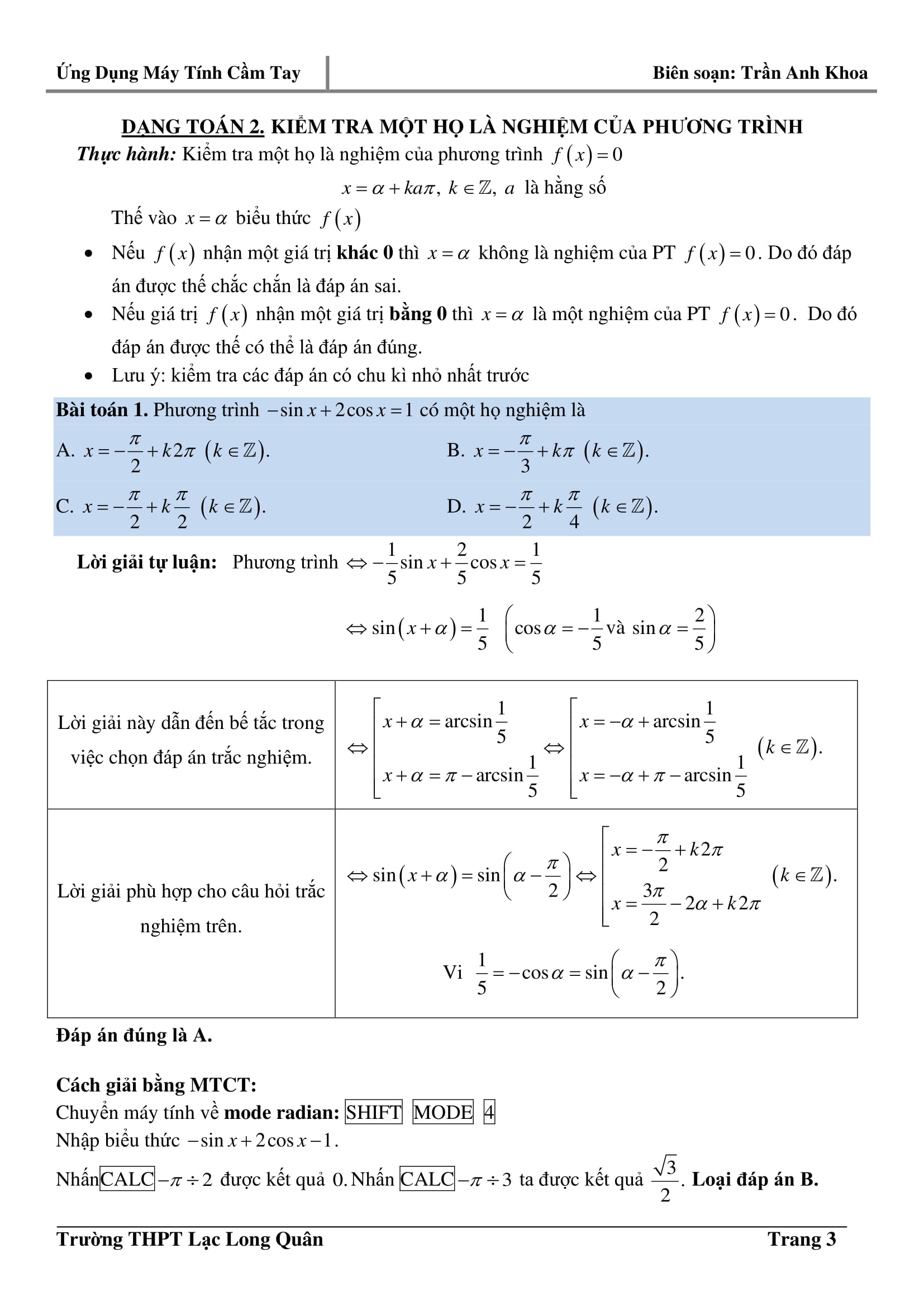 Sử dụng máy tính cầm tay giải nhanh trắc nghiệm lượng giác – Trần Anh Khoa