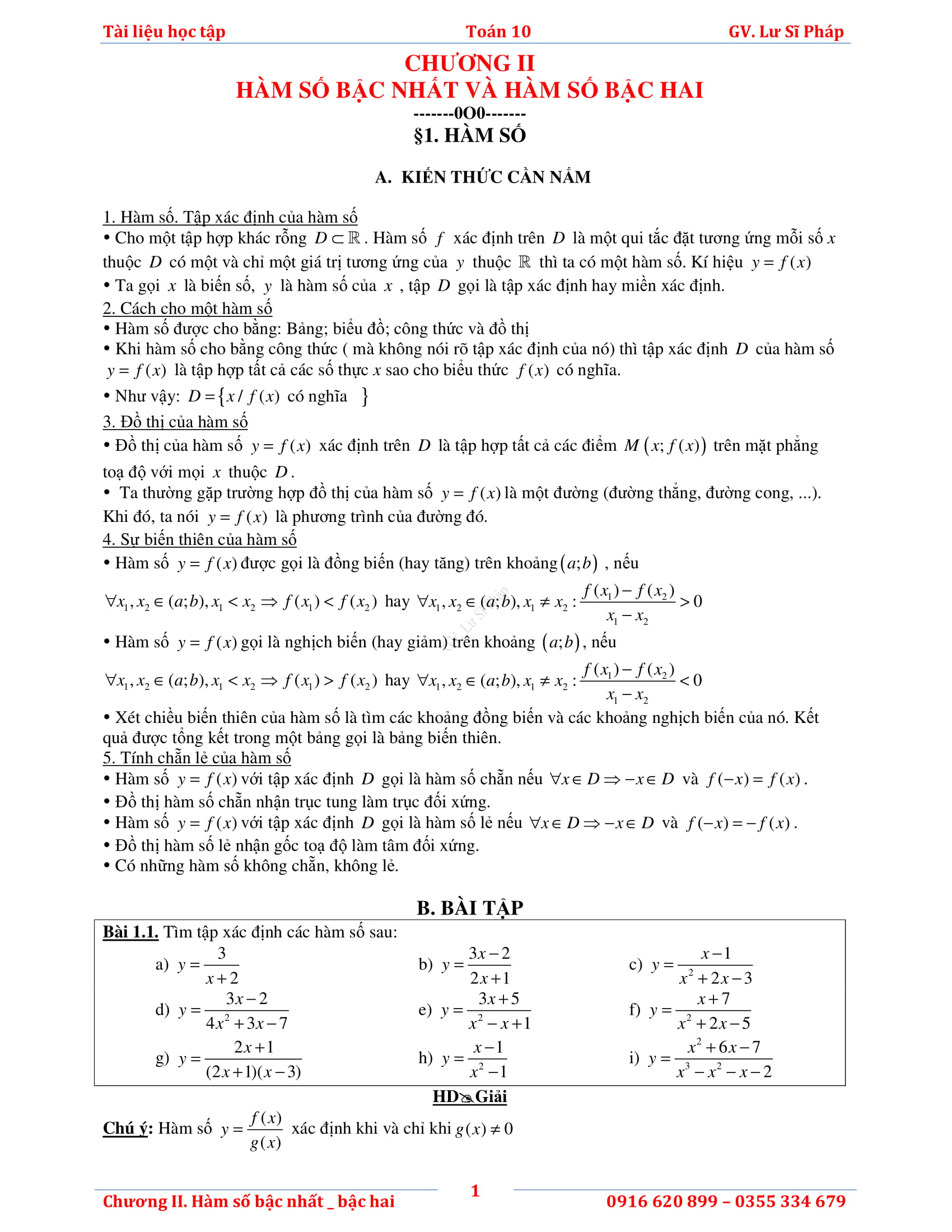 Tài liệu học tập hàm số bậc nhất và bậc hai – Lư Sĩ Pháp