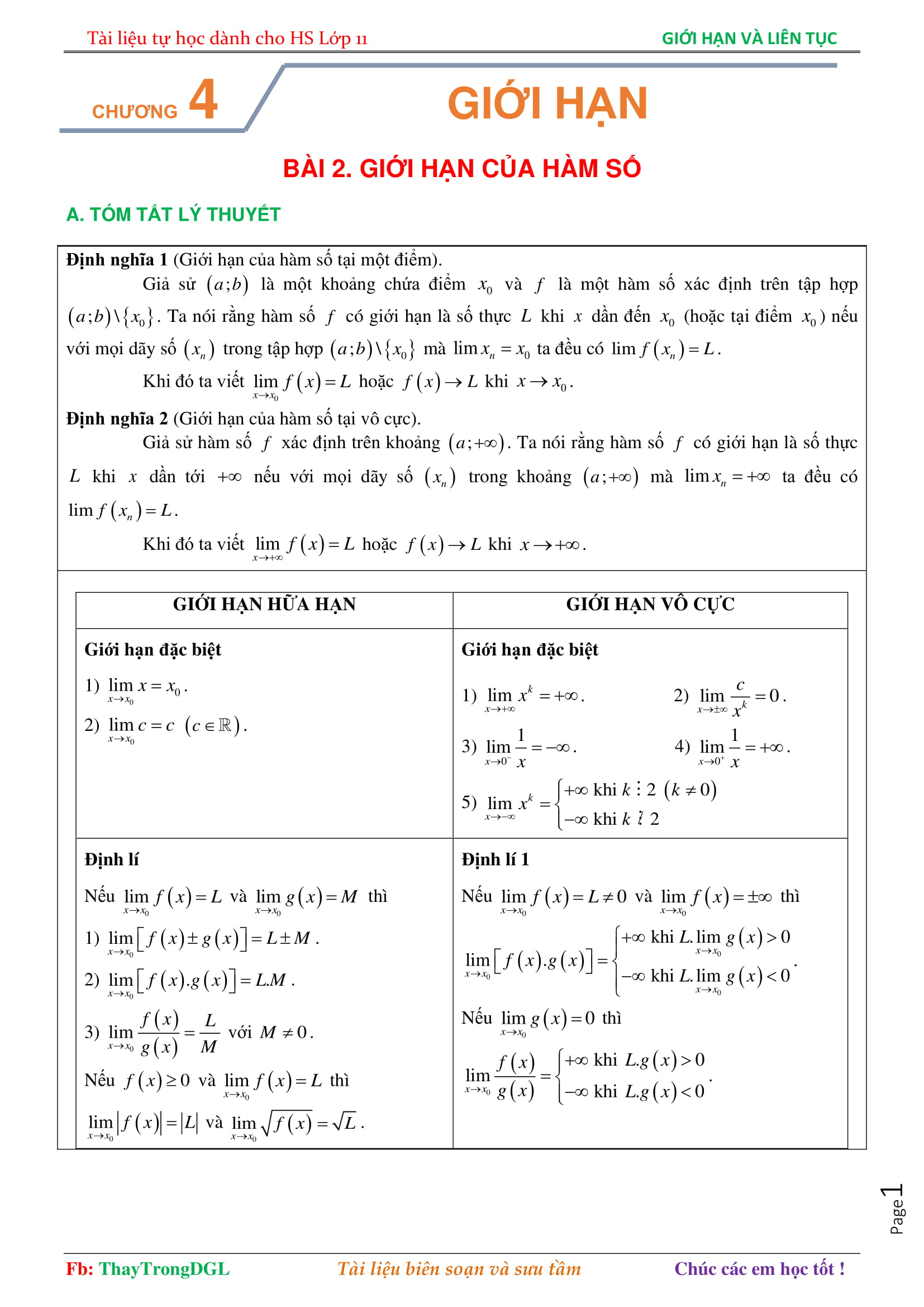 Tài liệu tự học giới hạn của hàm số – Nguyễn Trọng
