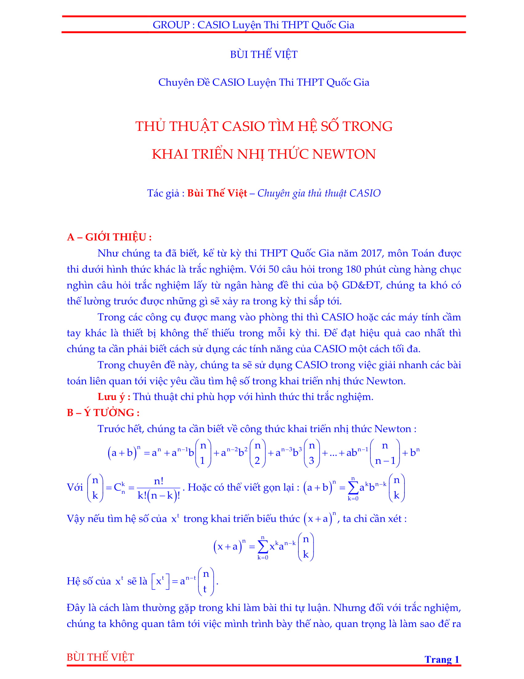 Thủ thuật casio tìm hệ số trong khai triển nhị thức Newton – Bùi Thế Việt