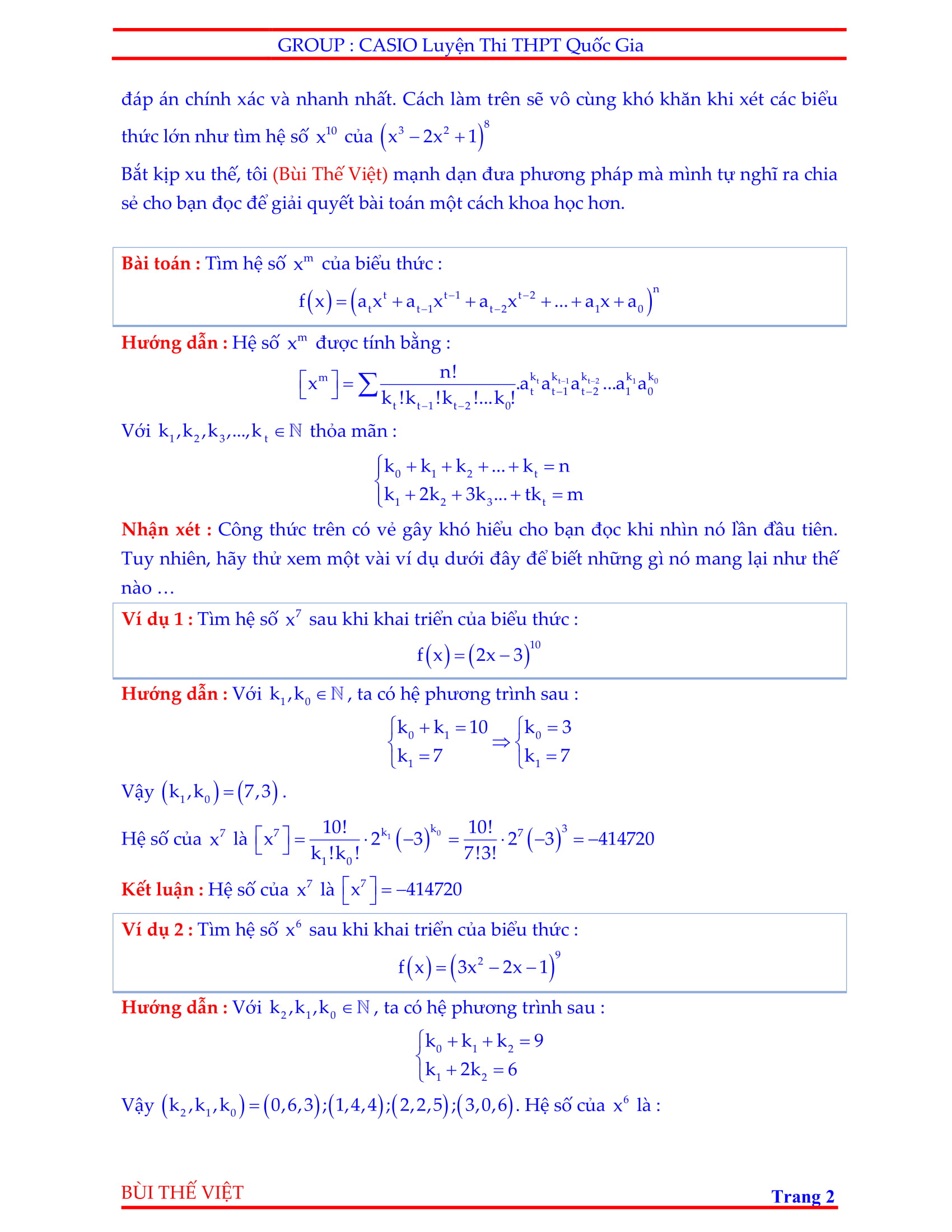 Thủ thuật casio tìm hệ số trong khai triển nhị thức Newton – Bùi Thế Việt